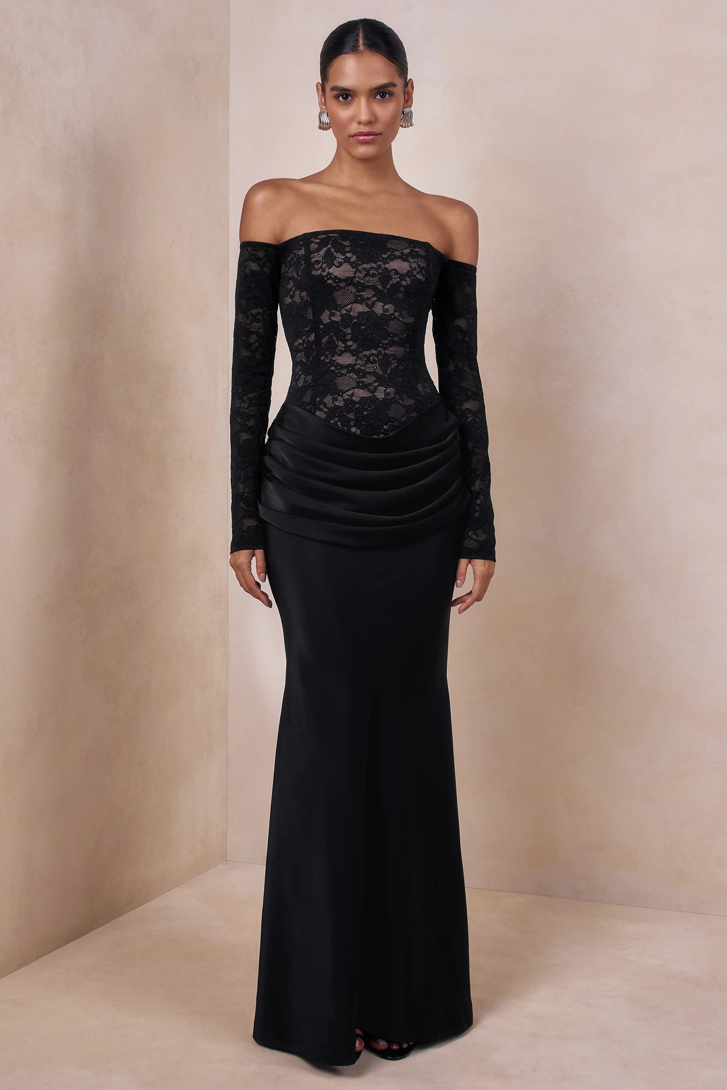Rinna Black Lace And Satin Bardot-Neck Maxi Dress