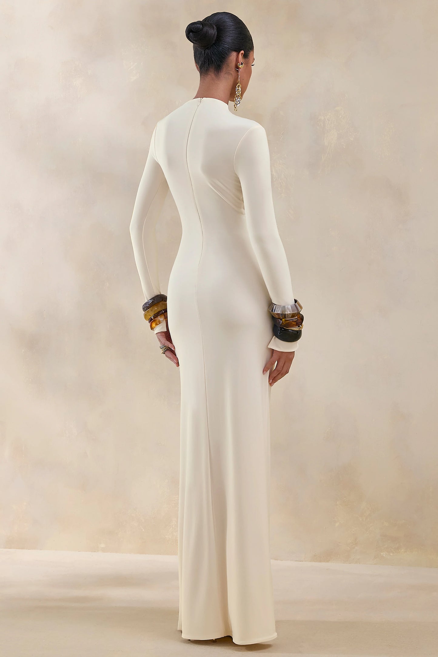 Karessa Cream High-Neck Maxi Dress With Gathered Detailing And Front-High Split