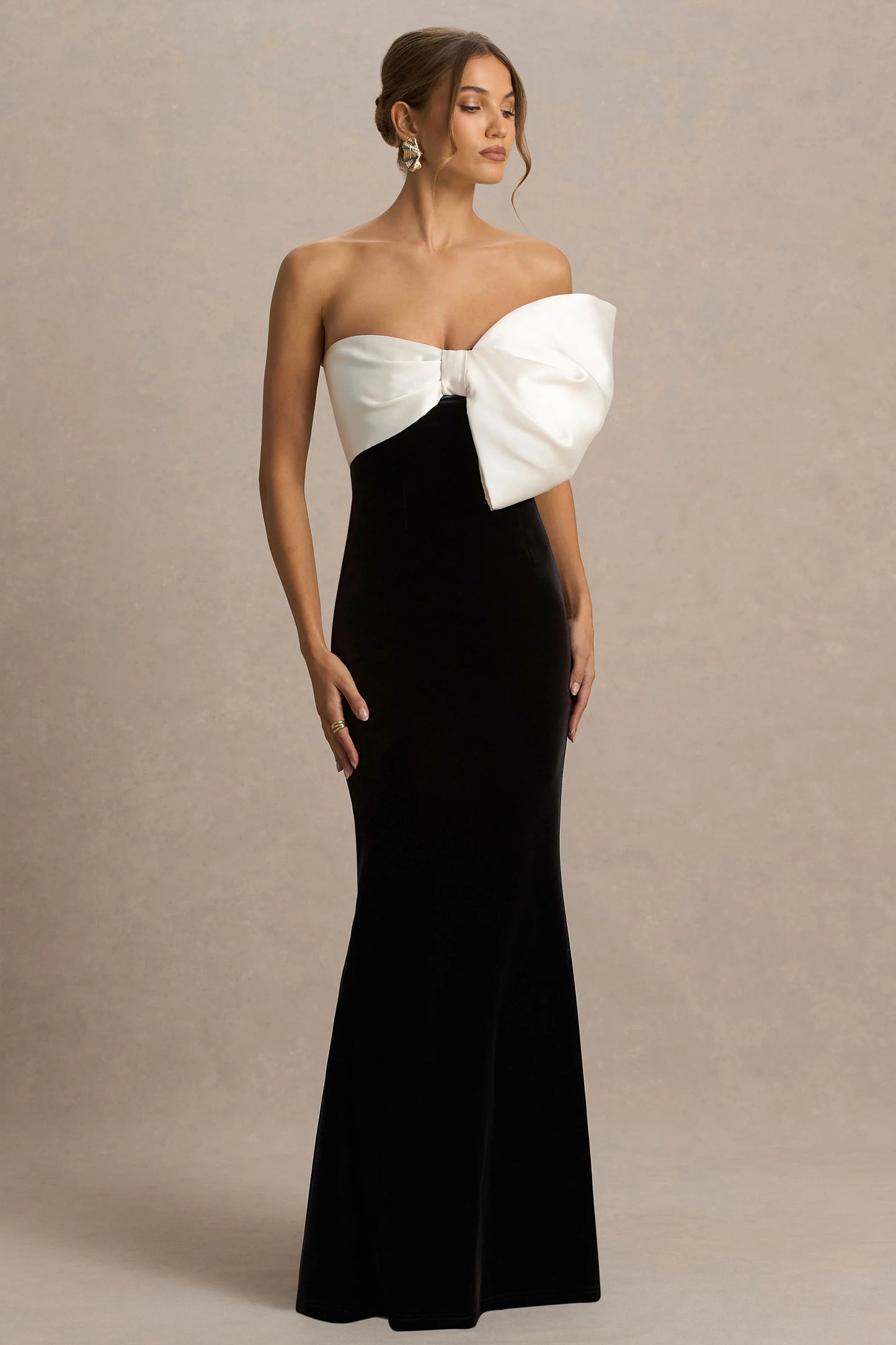 Divulge Black And White Velvet Asymmetric-Neck Maxi Dress With Bow Detail