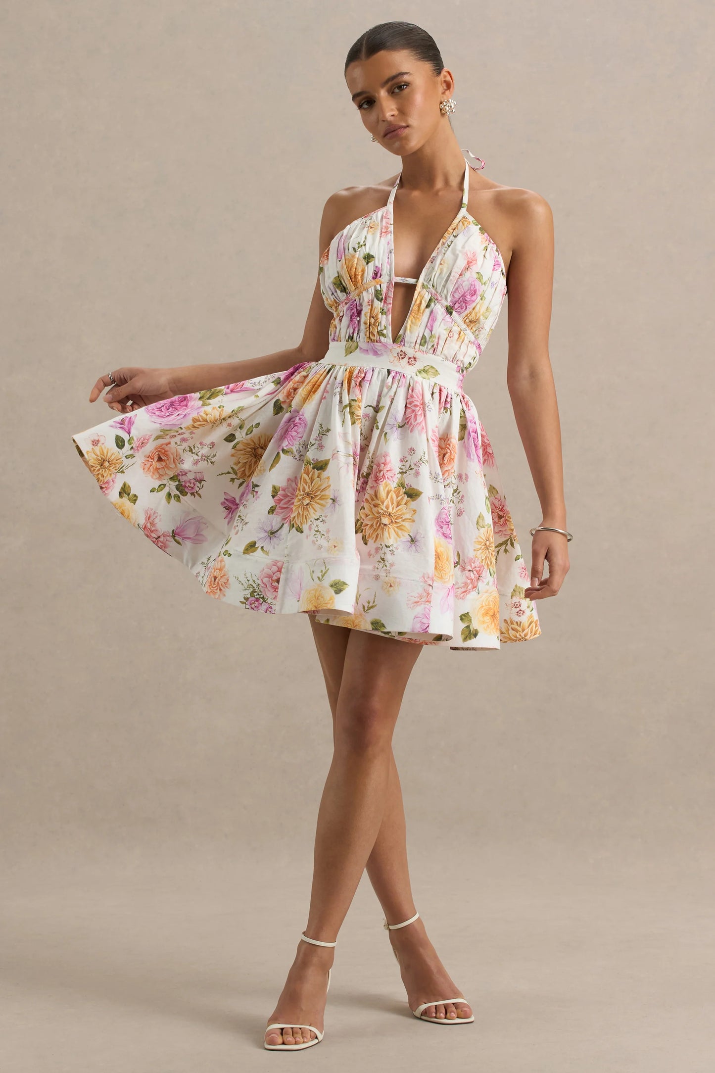 Kasey Cream Floral Print Halter-Neck Mini Dress With Ruffle Detail