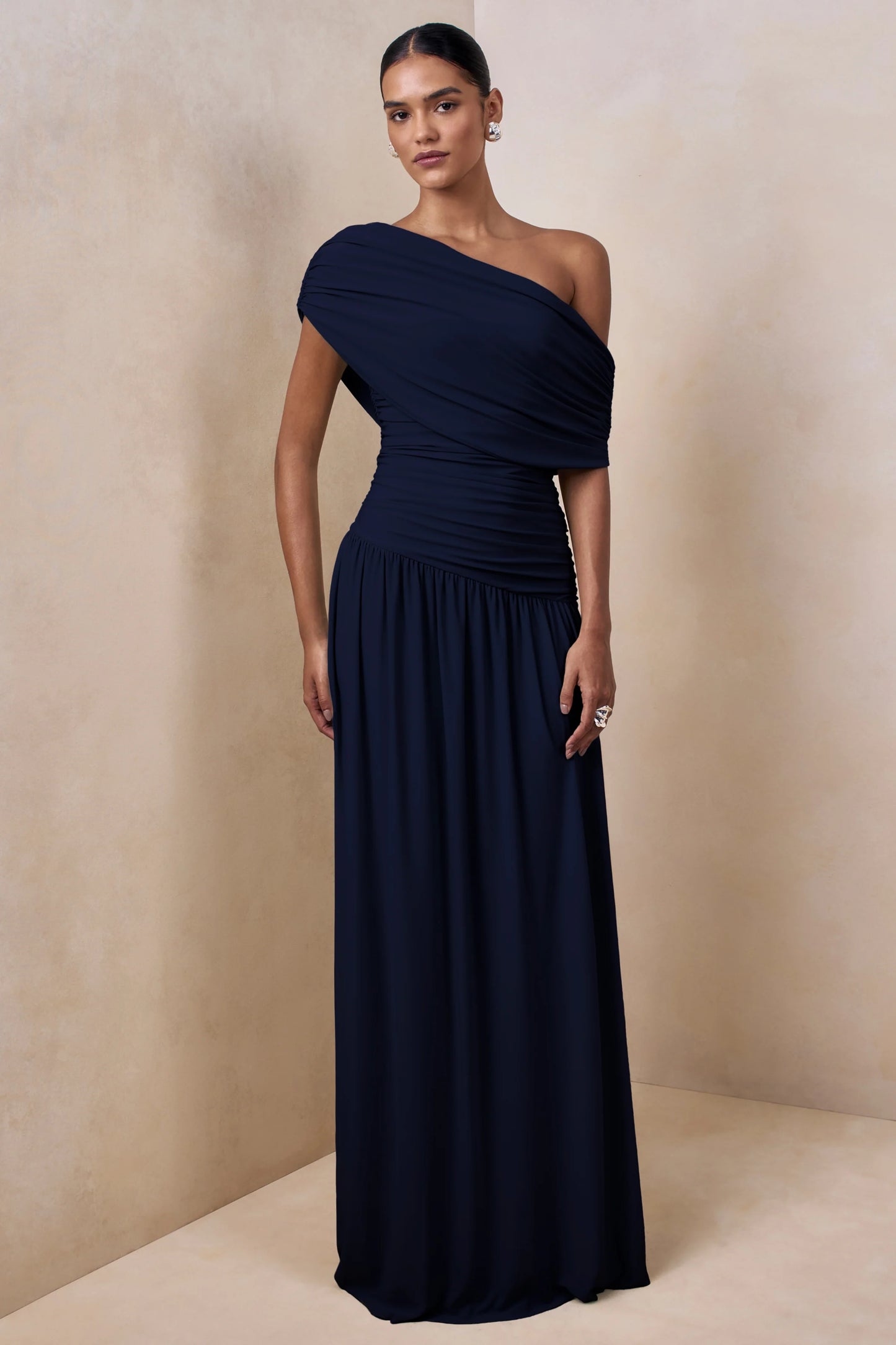 Emberly Navy Draped Asymmetric-Neck Maxi Dress With Drop-Waist