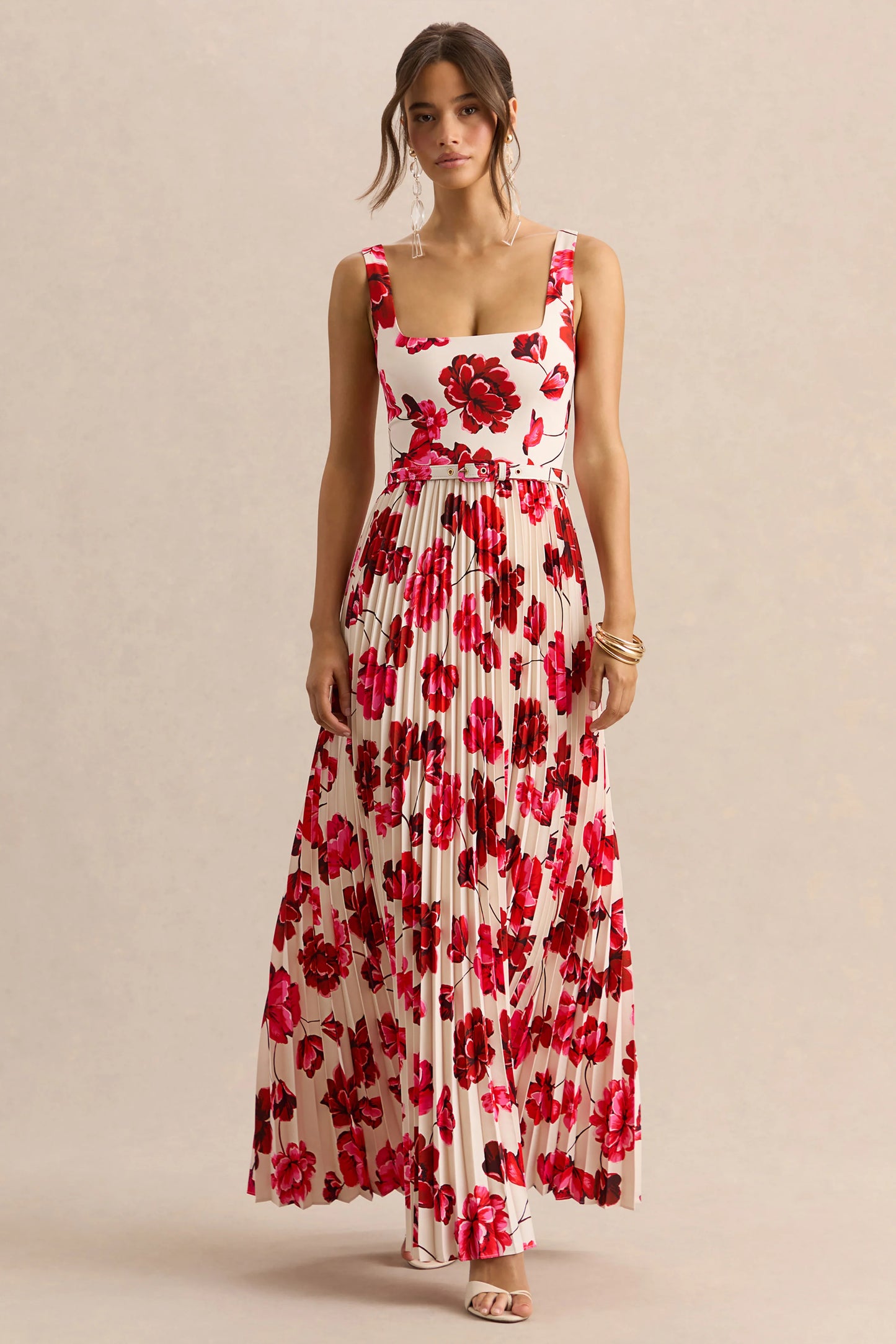 Danika Hot Pink Floral Print Square-Neck Belted Maxi Dress With Pleated Skirt