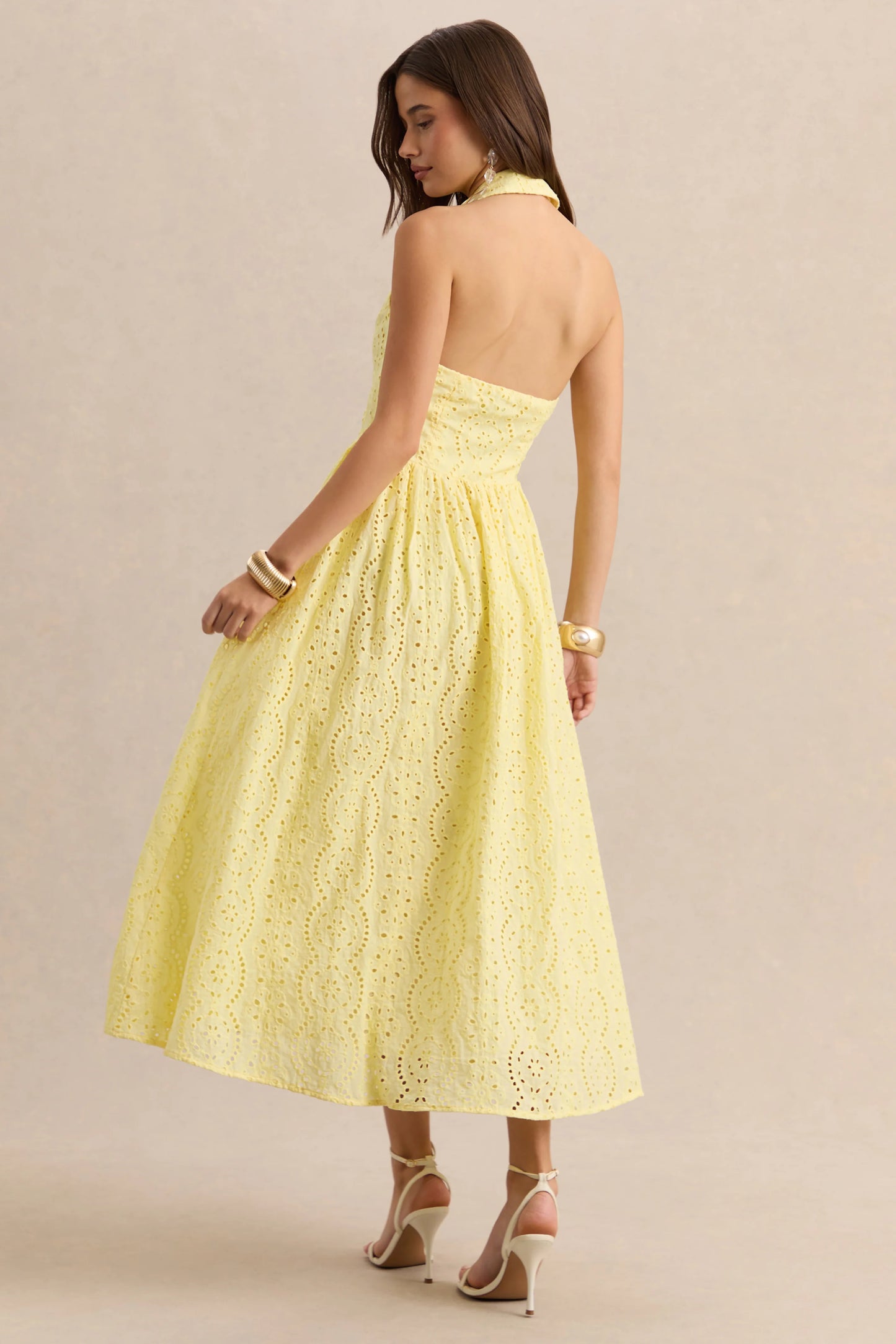 Jezebel Yellow Lace Plunge-Neck Collared Midi Dress