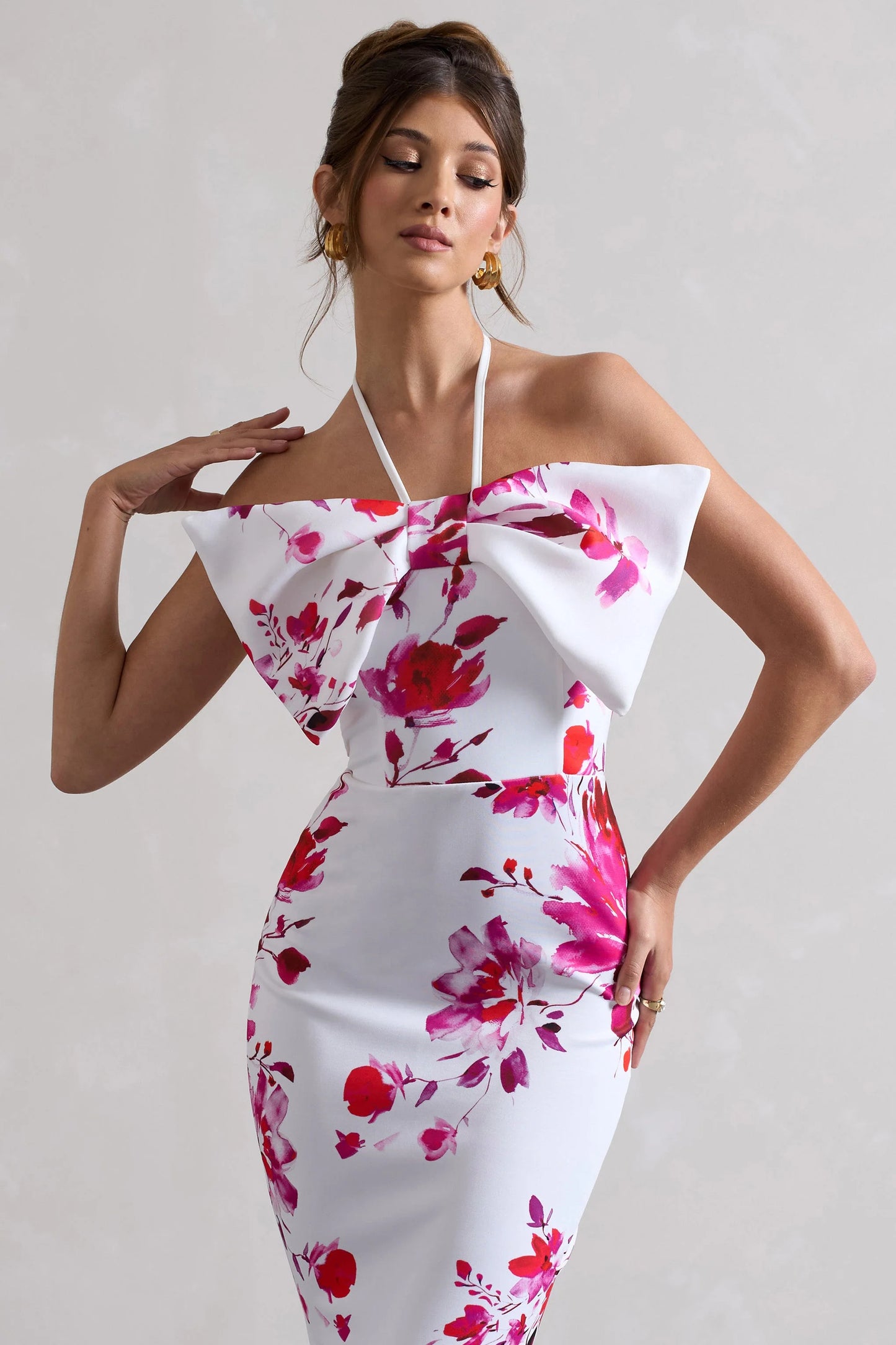 Sakura Pink Floral Print Halter-Neck Fishtail Maxi Dress With Bow