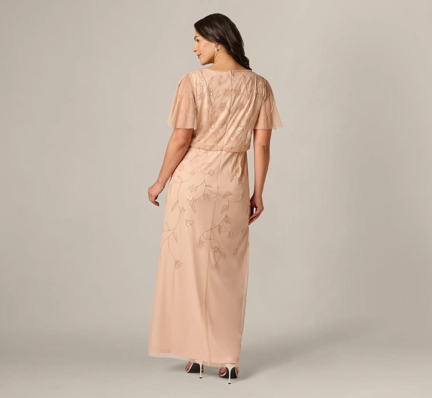Plus Size Flutter Sleeve Blouson Beaded Gown In Blush