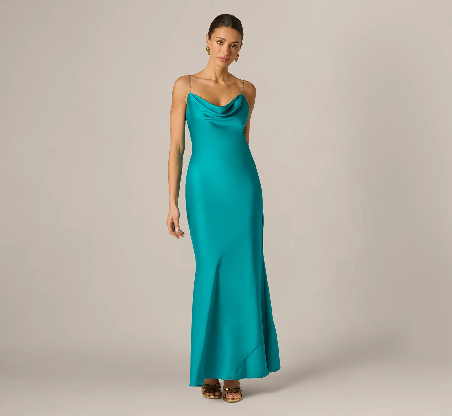 Stretch Satin Cross Back Cowl Neck Gown In Turquoise