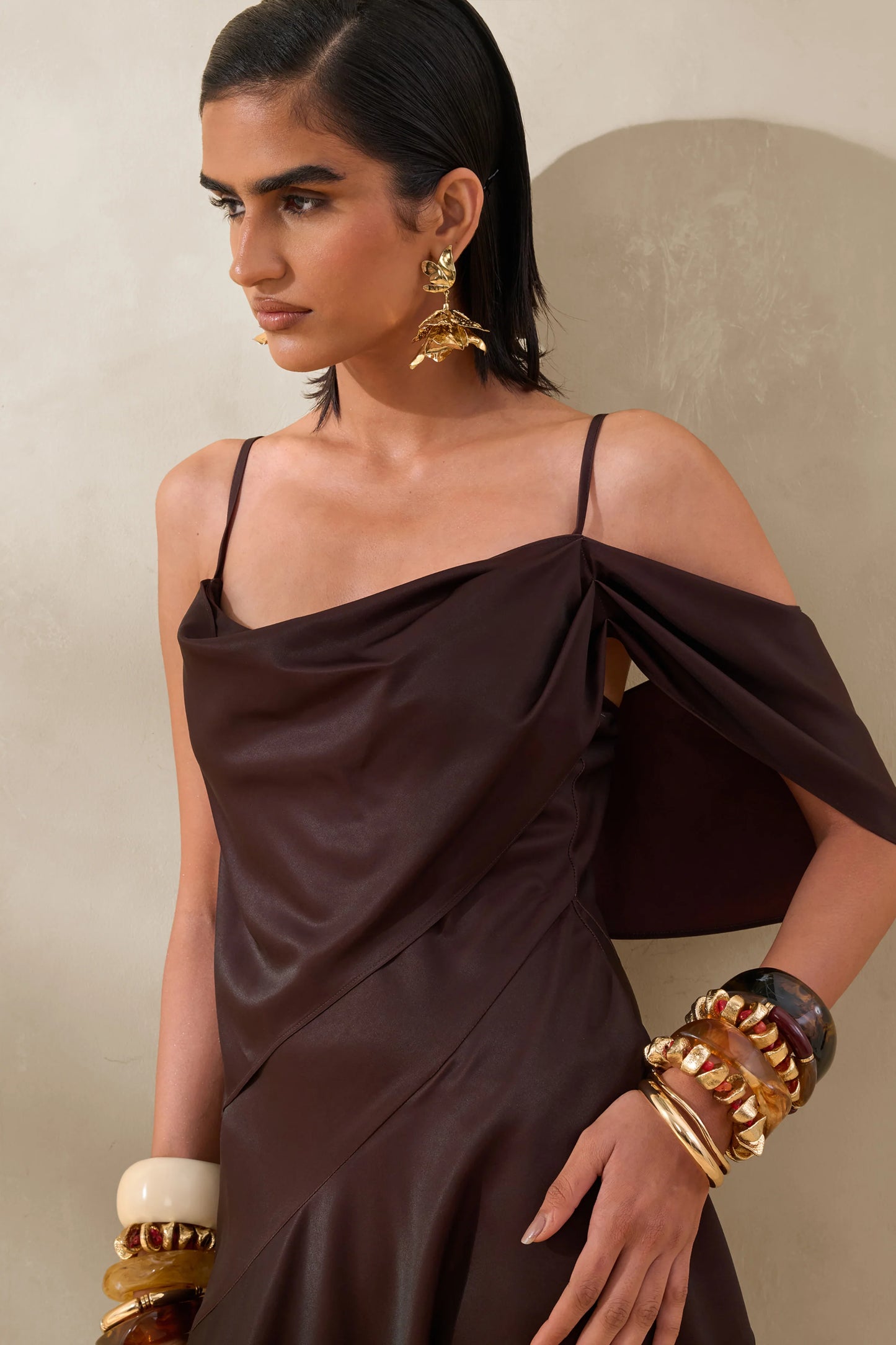 Helira Brown Asymmetric Midi Dress With Draping Detailing and Open-Back
