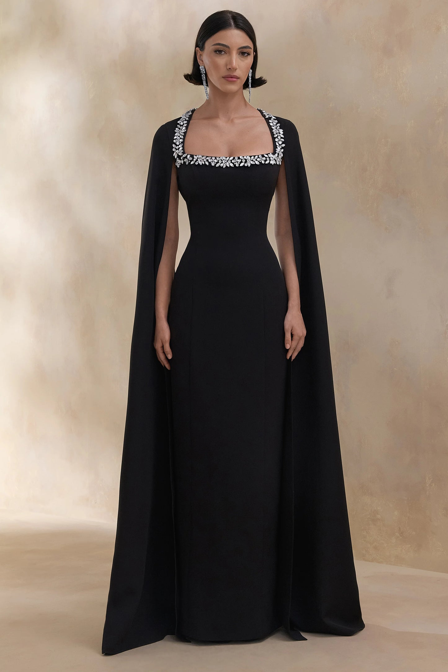 Glossy Black Woven Square-Neck Maxi Dress With Cape Sleeves and Hand-Embellished Detail