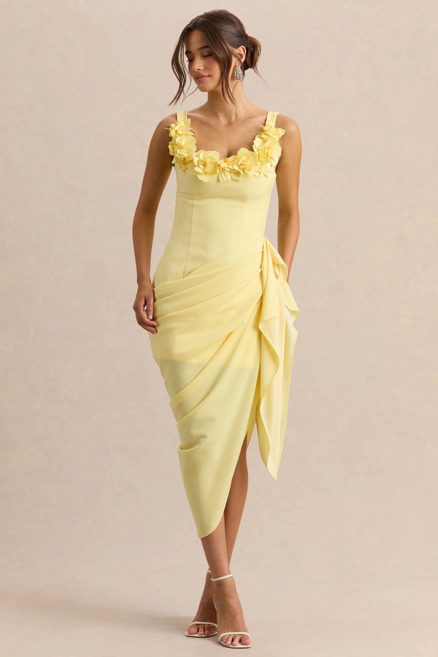 Letitia Lemon Scoop-Neck Embellished Wrap Midi Dress