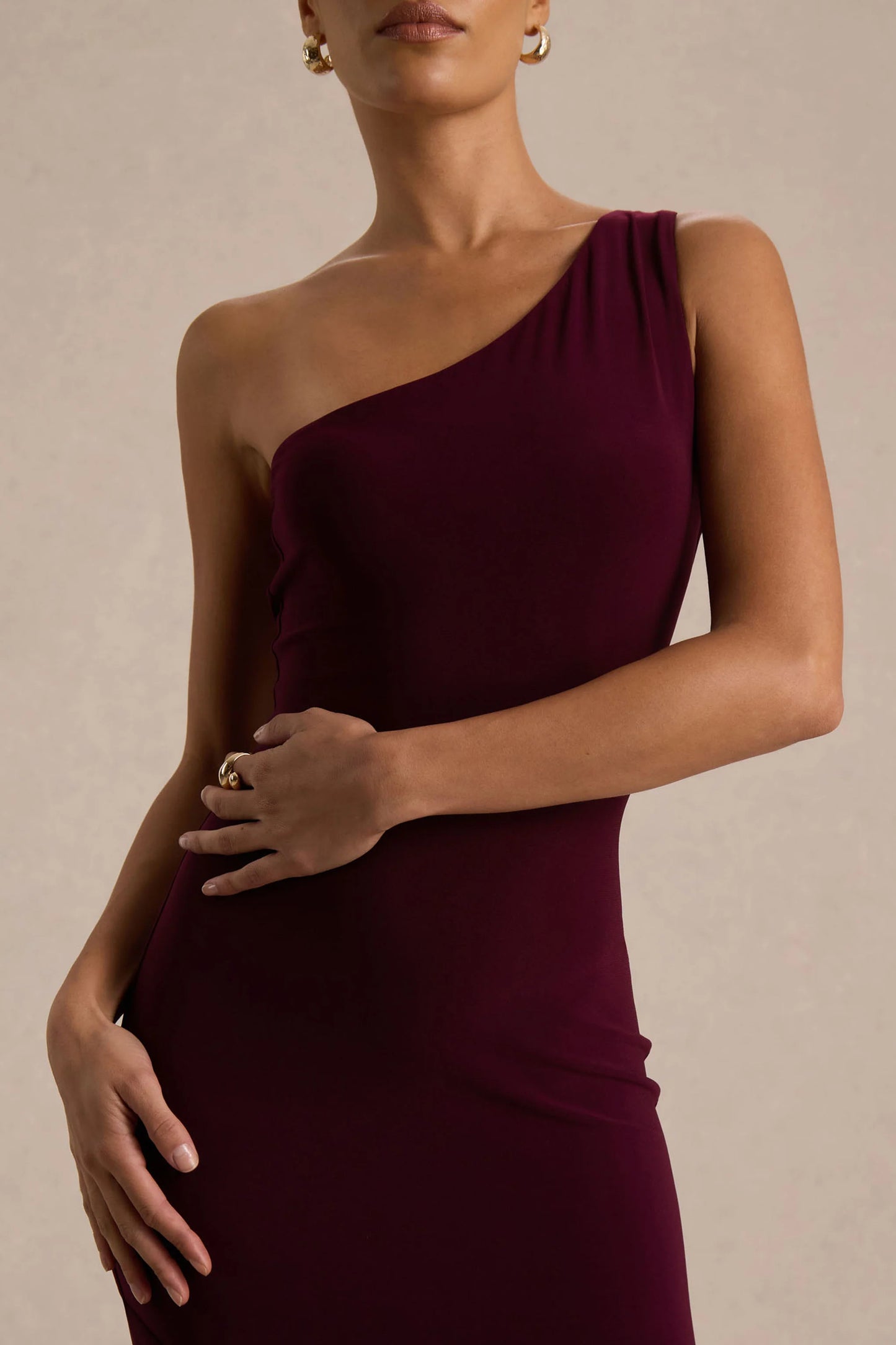 Zya Dark Plum Asymmetric-Neck Fishtail Maxi Dress
