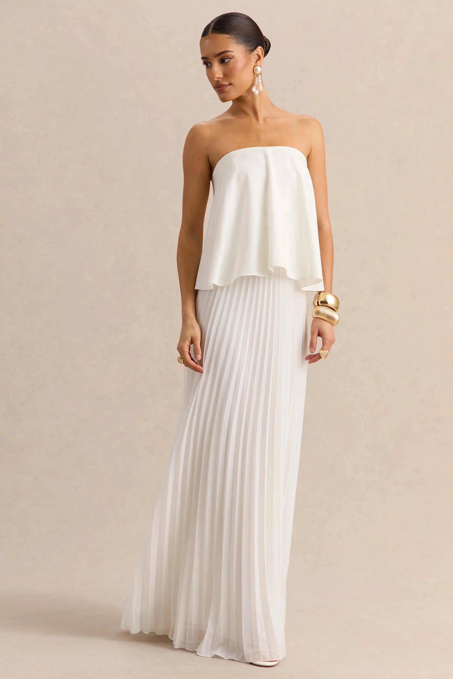 Saralyn White Bandeau Maxi Dress With Pleated-Skirt