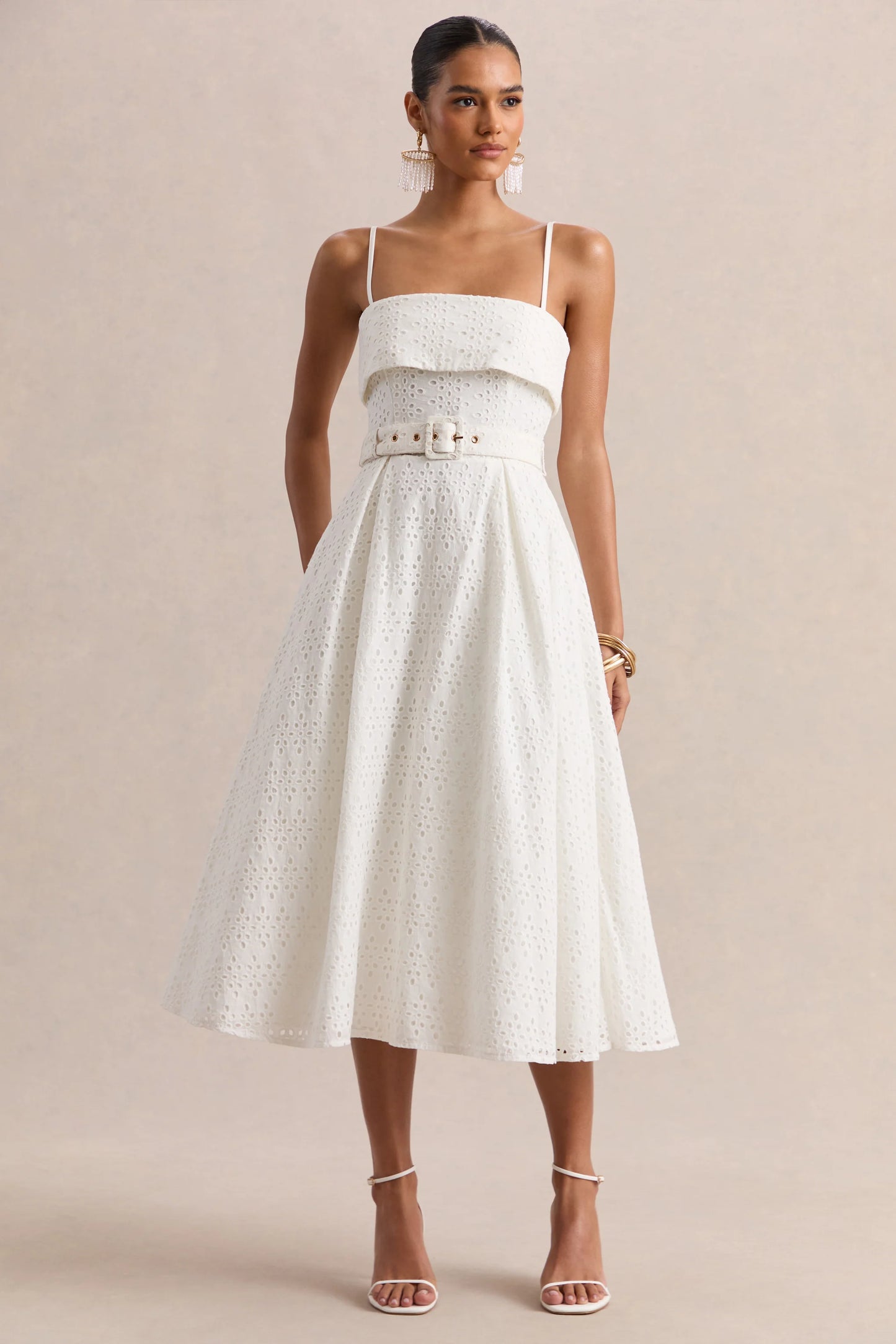 Zoeva Cream Broderie Square-Neck Belted Midi Dress