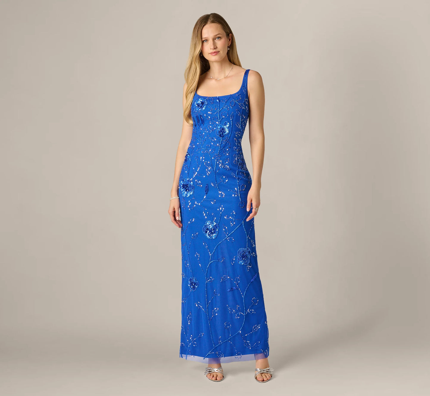 Sleeveless Floral Beaded Column Dress In Brilliant Sapphire