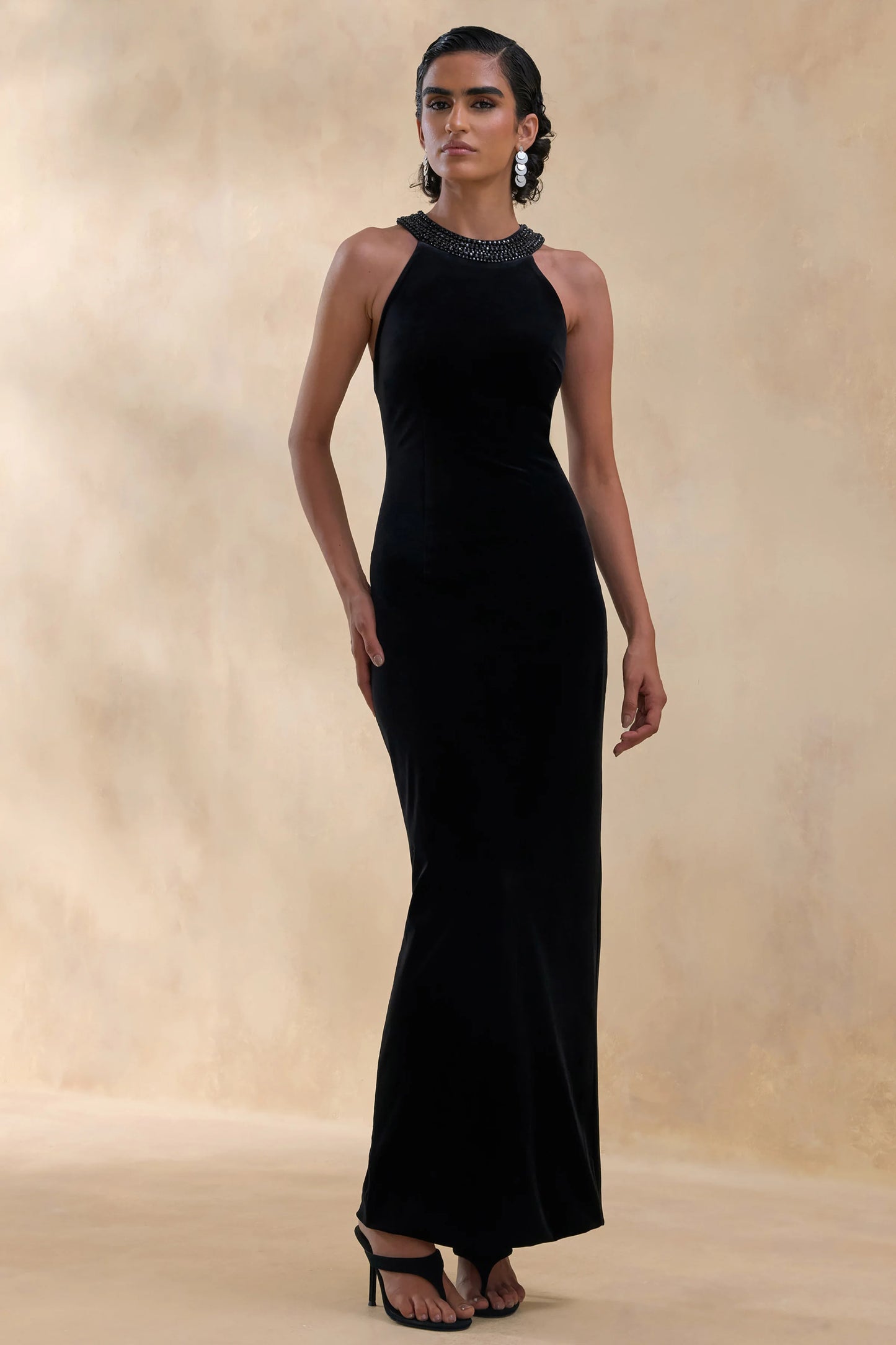 Darya Black Velvet Embellished High-Neck Maxi Dress