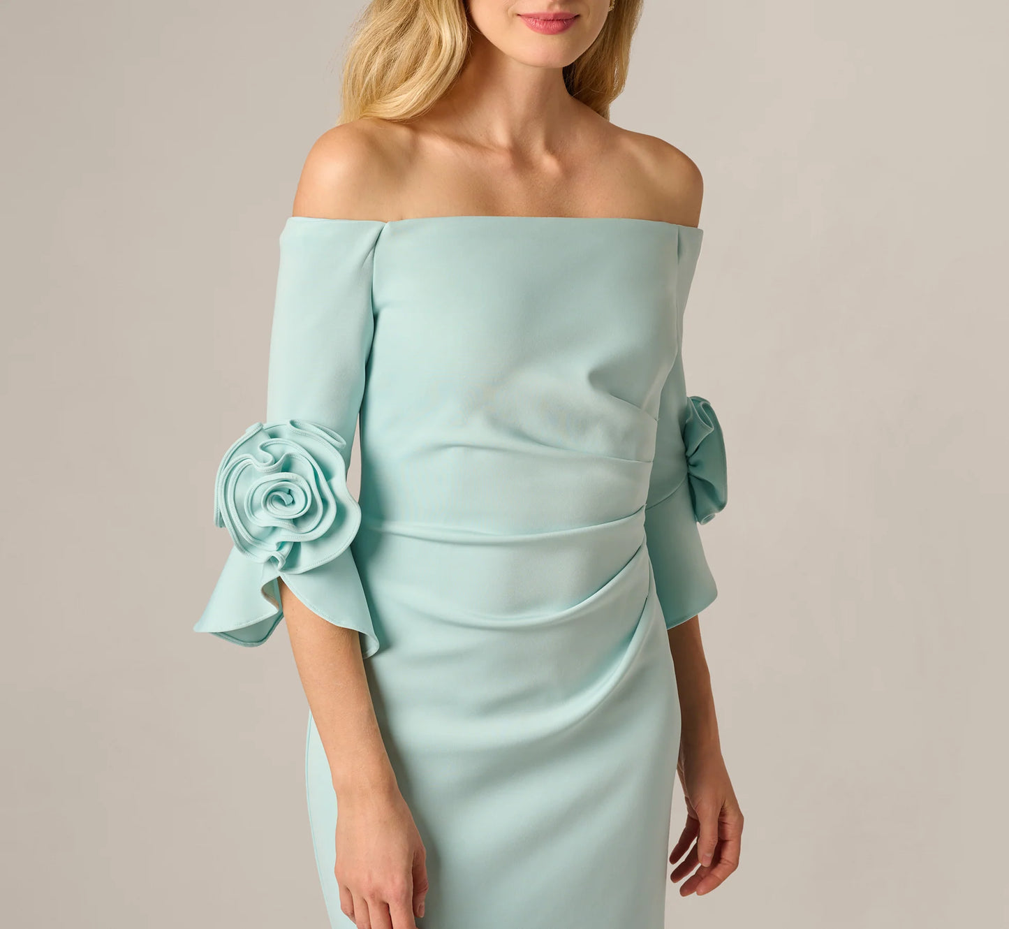 Off Shoulder Bell Sleeve Rosette Gown In Airy Aqua