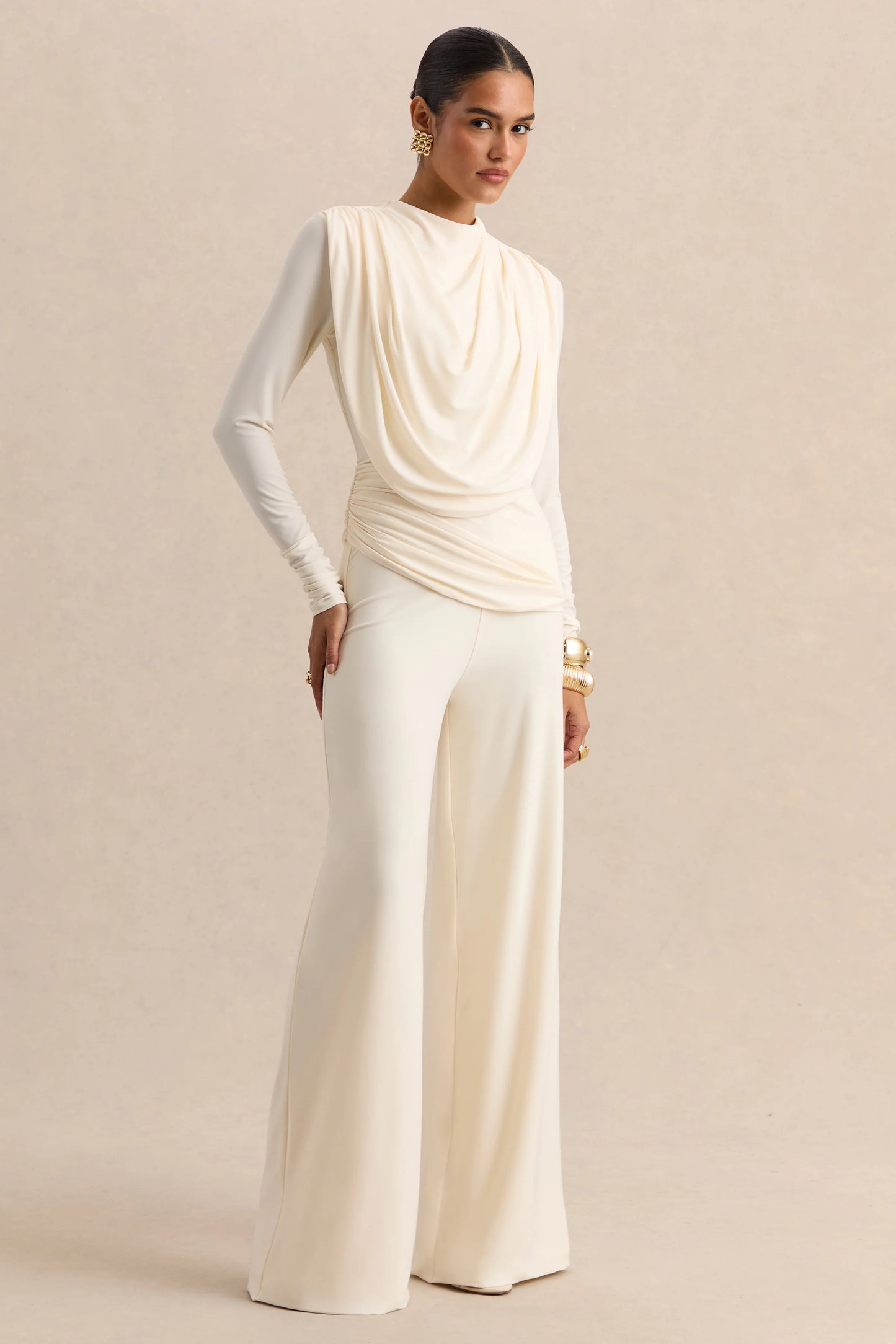 Raniella White High-Neck Top With Gathered And Draped-Detailing