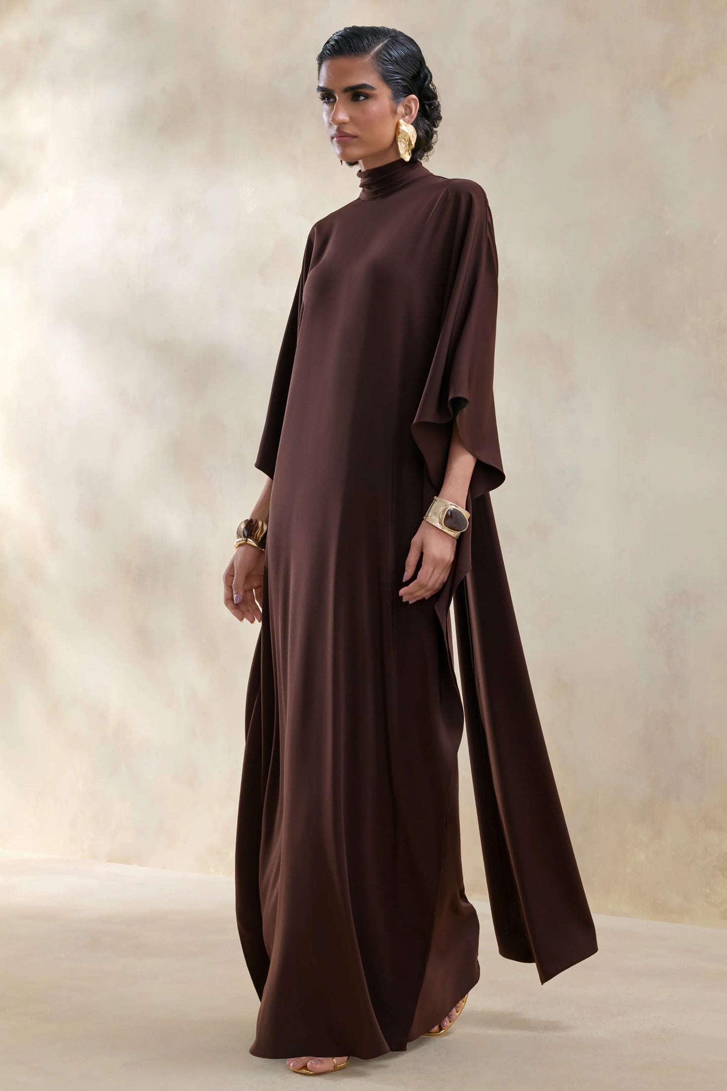 Lumisette Brown Satin High-Neck Maxi Dress With Cape