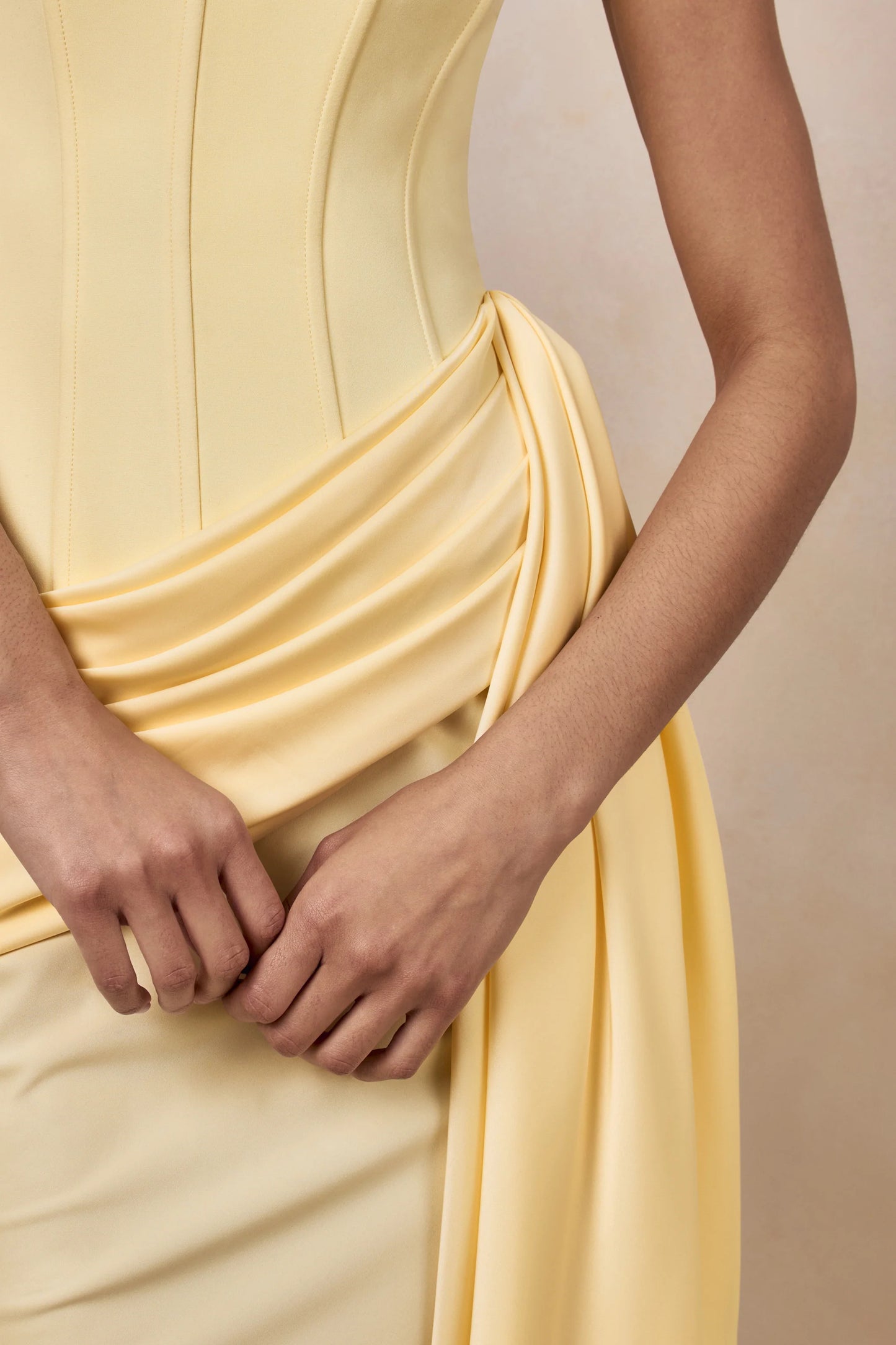 Nalira Lemon Satin Bandeau Maxi Dress With Draped Skirt