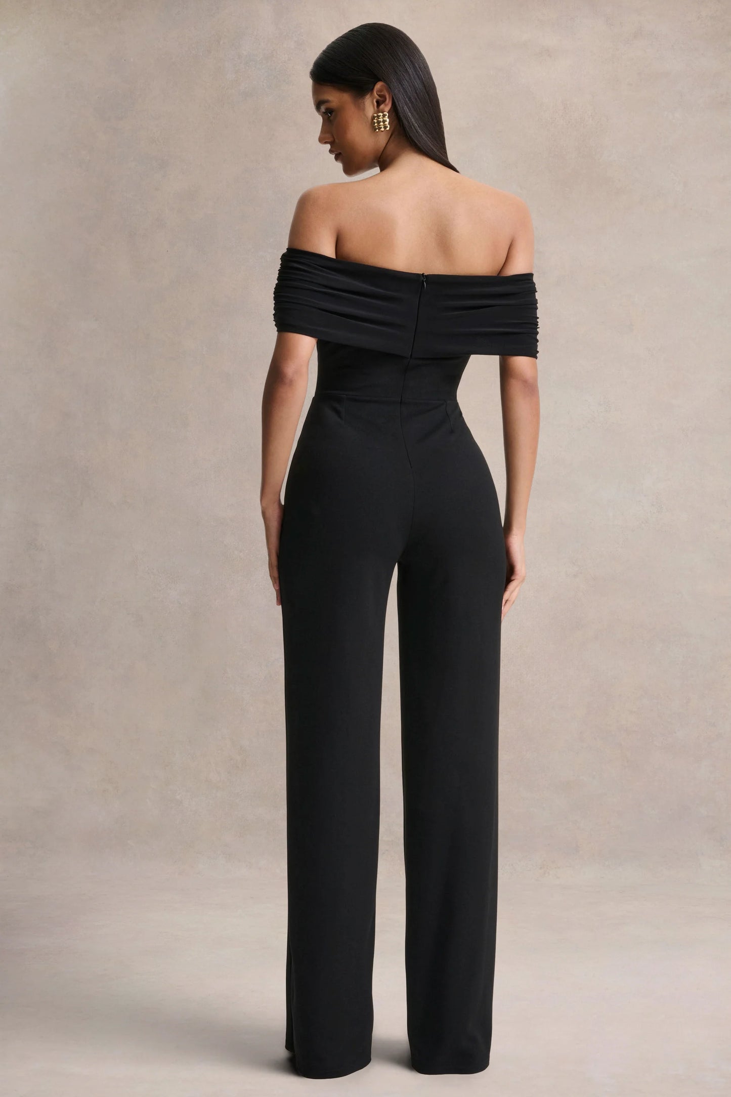 Kalida Black Bardot-Neck Jumpsuit With Sash-Detail