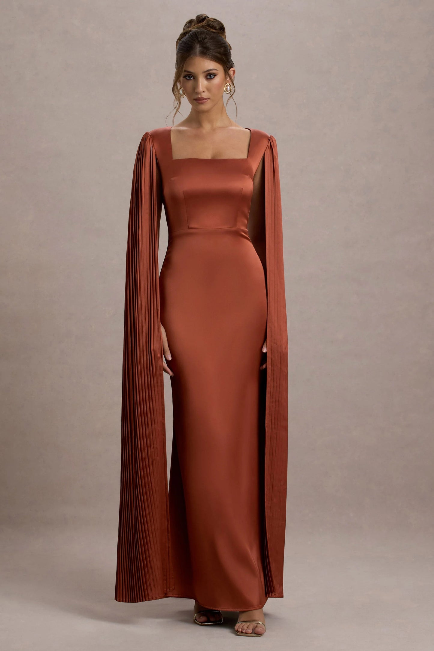 Saloma Rust Satin Square-Neck Maxi Dress With Cape Sleeves