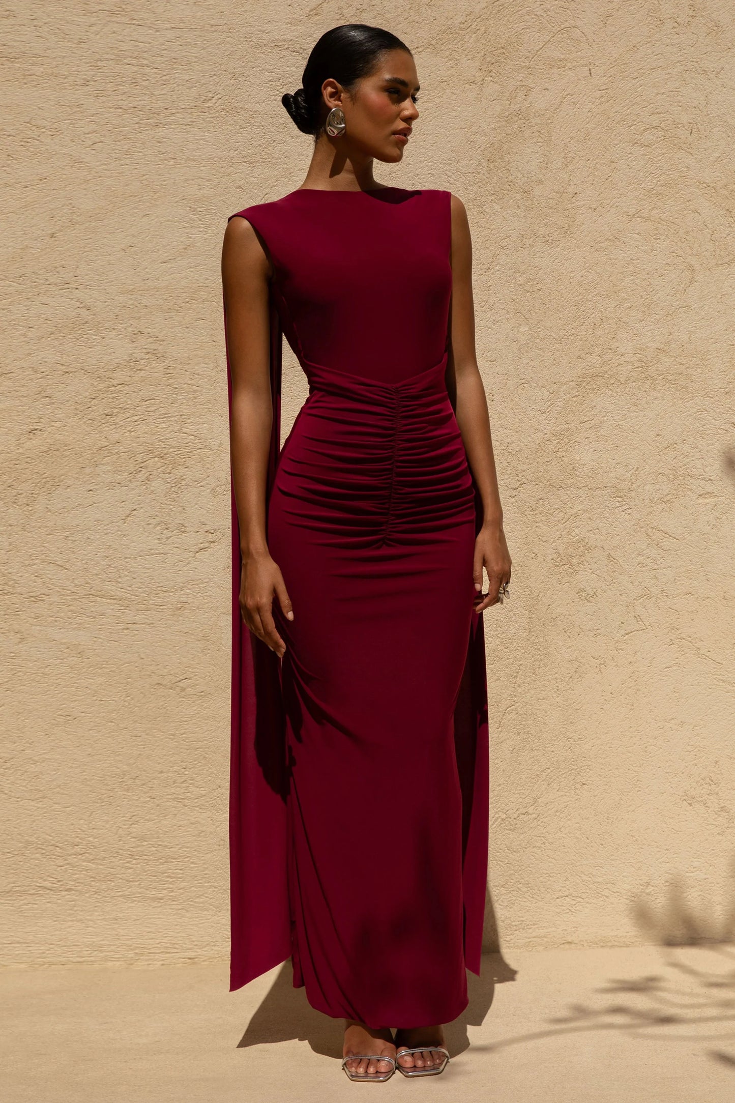Saige Burgundy Cap-Sleeve Gathered Maxi Dress