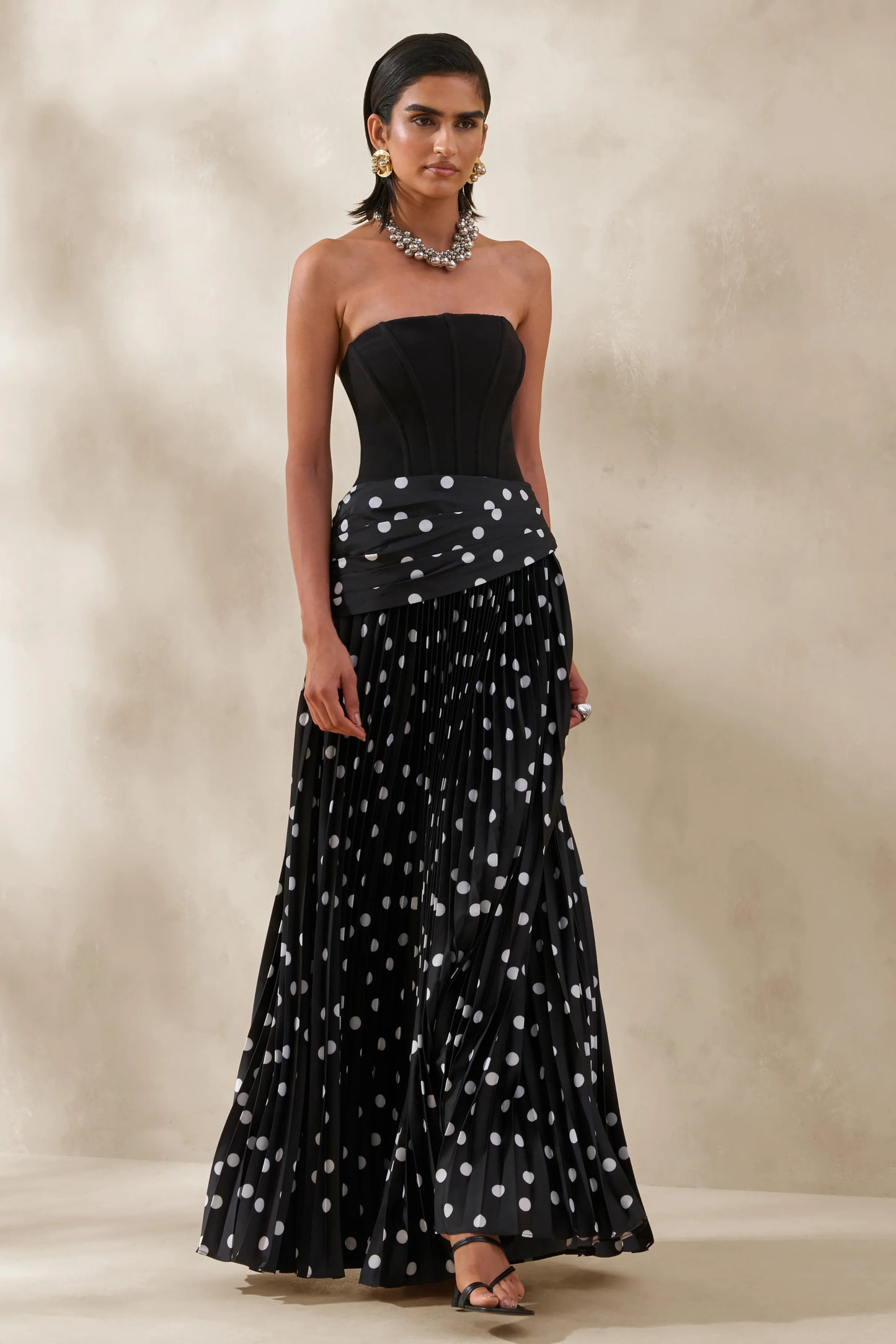 Valerisse Black And White Polka Dot Bandeau Maxi Dress
