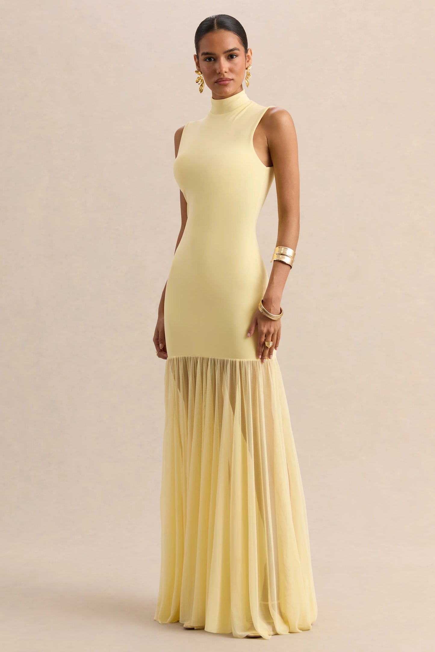 Felina Lemon High-Neck Maxi Dress With Sheer-Skirt