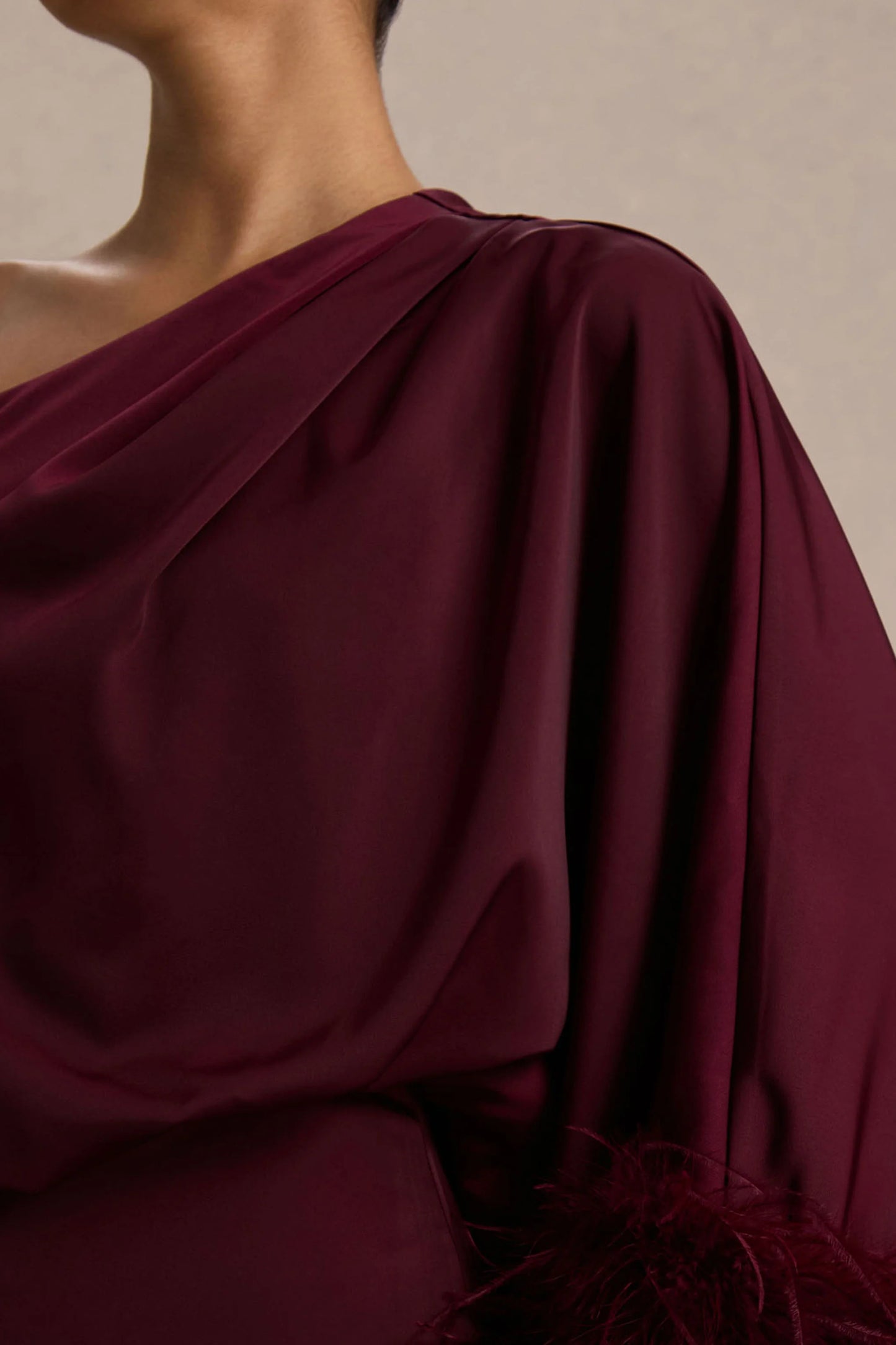 Felicity Burgundy Satin Asymmetric-Neck Maxi Dress With Feather Detailing