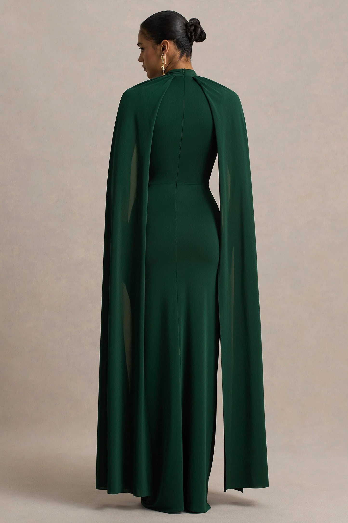 Darielle Bottle Green High-Neck Cape-Sleeve Maxi Dress