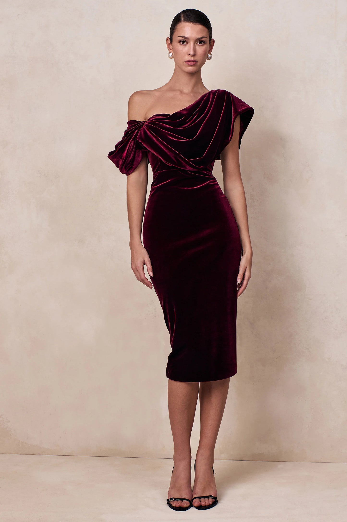 High End Burgundy Velvet Asymmetric-Neck Midi Dress With Draped Detailing