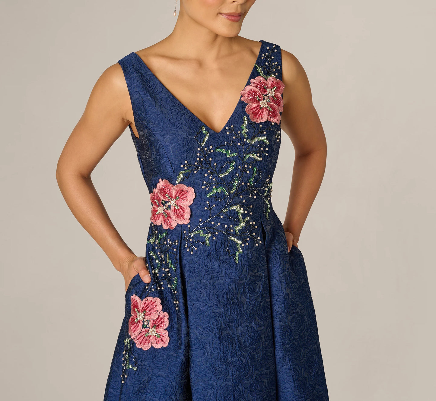 Jacquard Floral Beaded Fit And Flare Midi Dress In Midnight Multi
