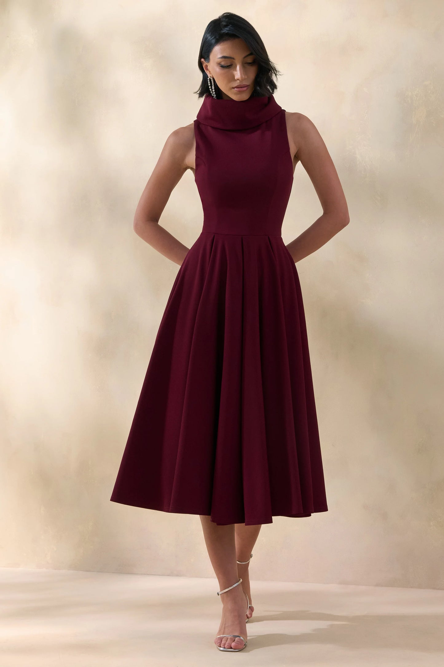 Exclusivity Burgundy High-Neck Midi Dress