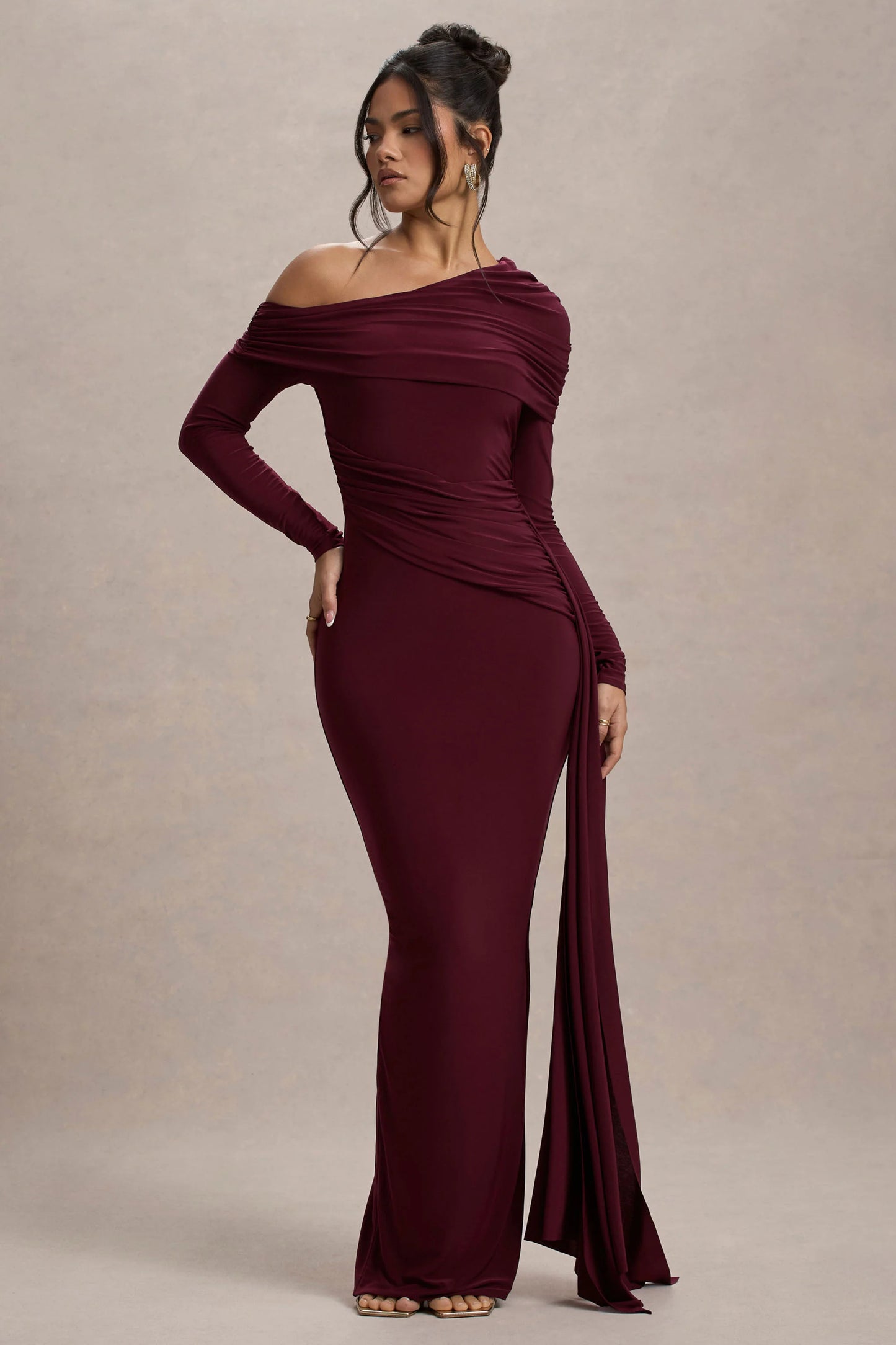 Valina Burgundy Ruched Asymmetric Maxi Dress With Drape