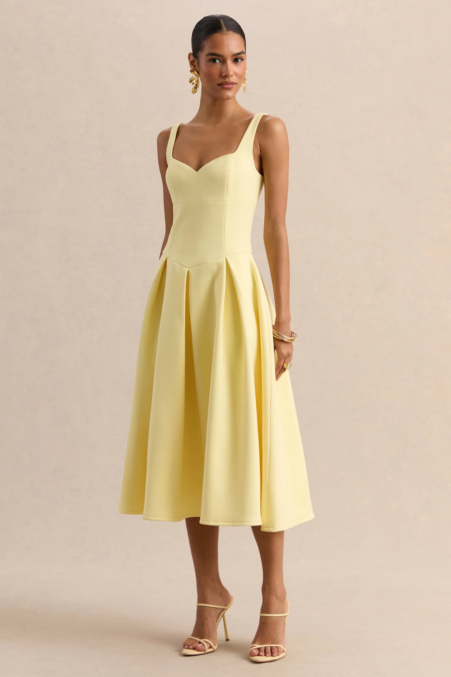 Greta Lemon Sweetheart-Neck Midi Dress