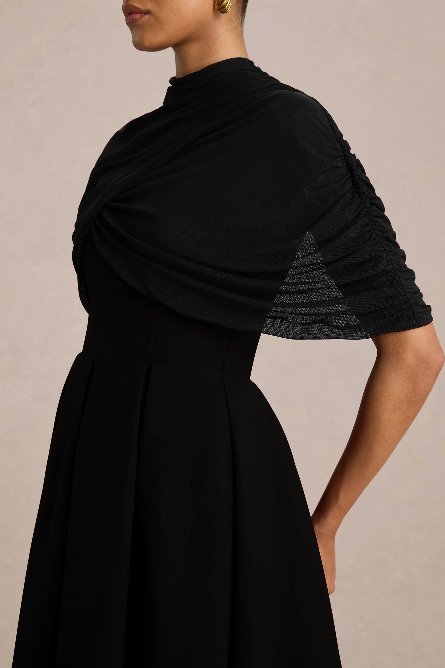 Thalia Black High-Neck Midi Dress With Sheer Mesh Cape