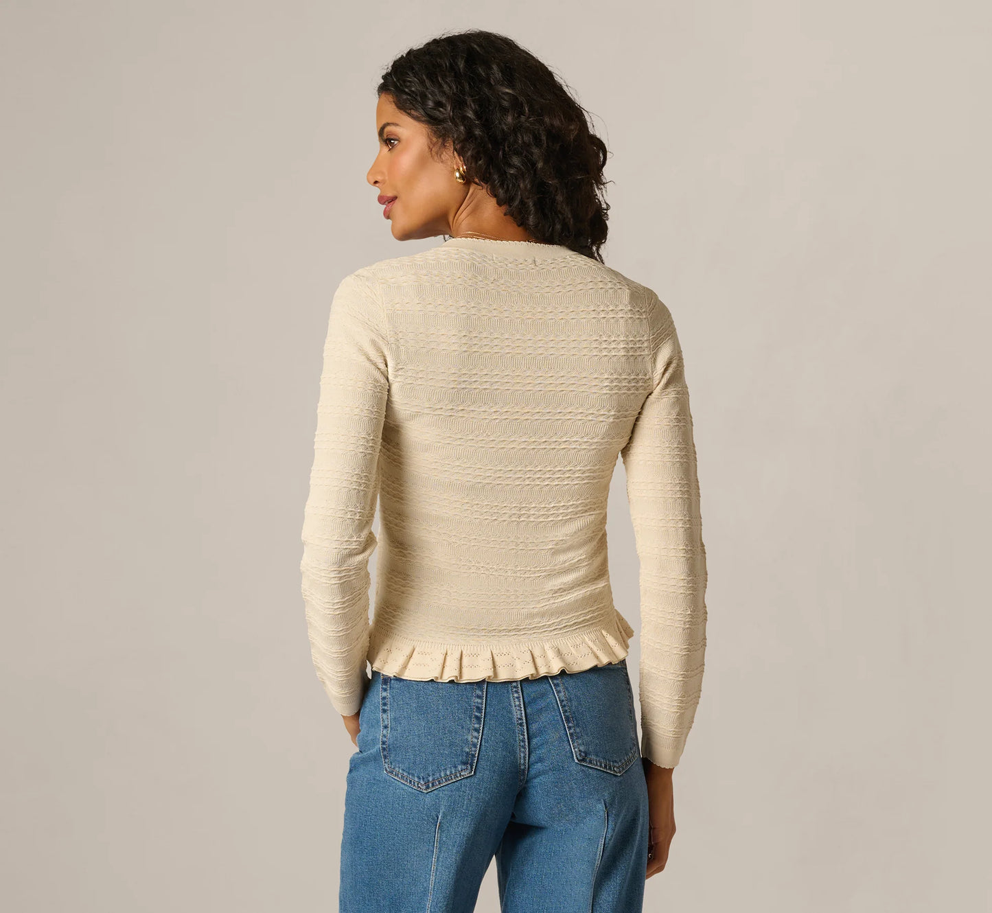 Ruffle Hem Cable Knit Cardigan Sweater In Cream