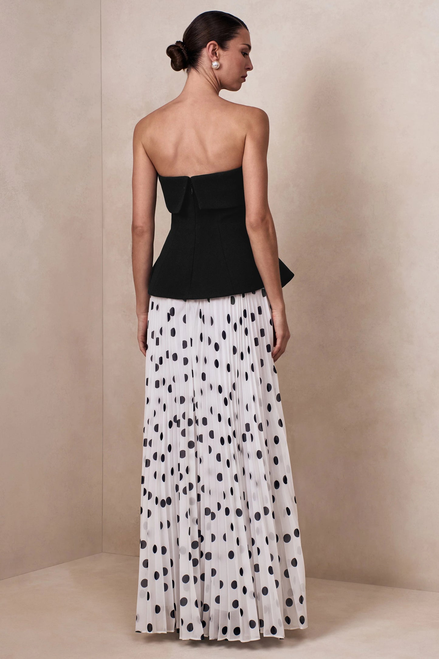 Stellara Black & White Polka Dot Bandeau Corset Maxi Dress With Sheer Skirt