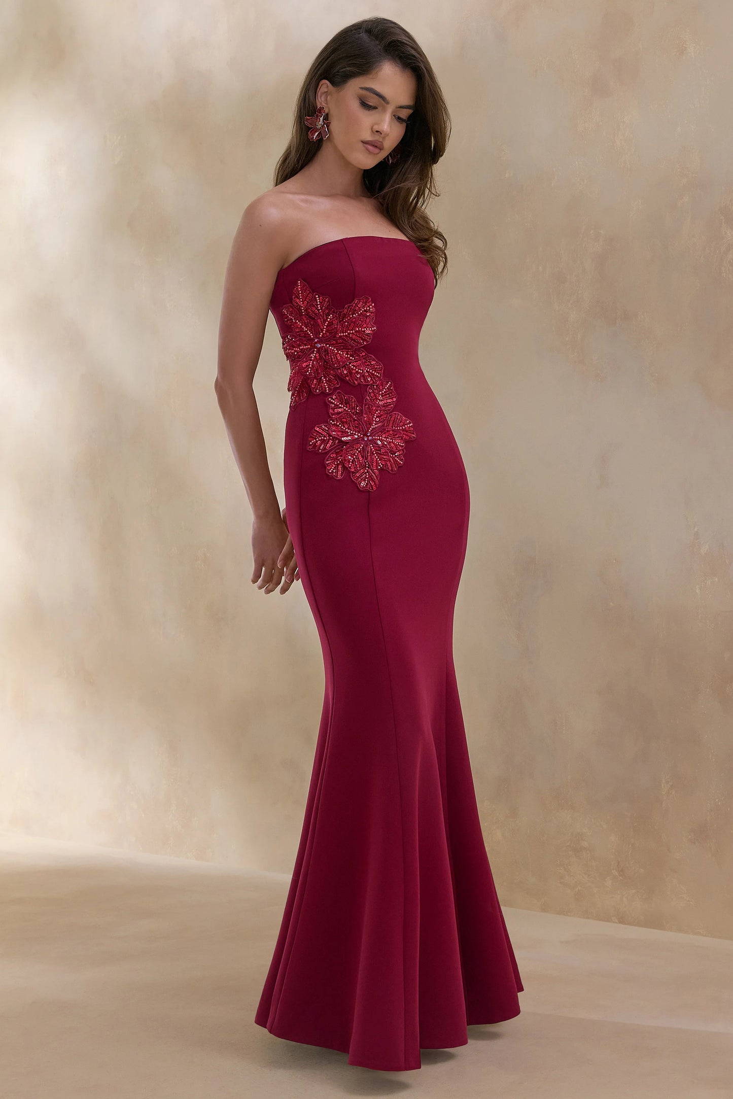 Aylana Burgundy Bandeau Maxi Dress With Embellished Detail