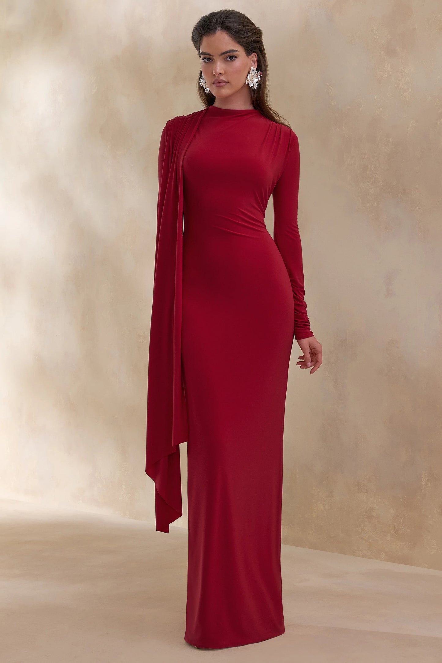 Amaria Red High-Neck Maxi Dress With Sash-Detail