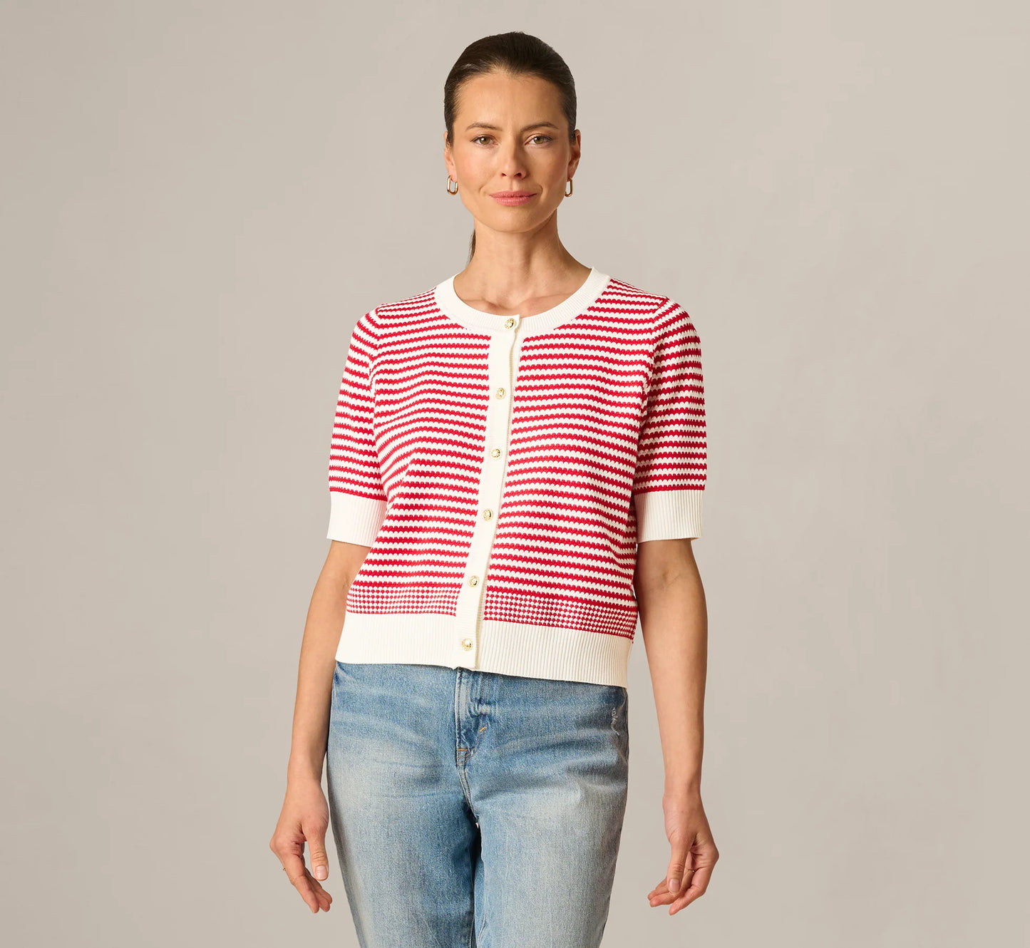 Short Sleeve Metallic Button Cardigan Sweater In Ivory Red