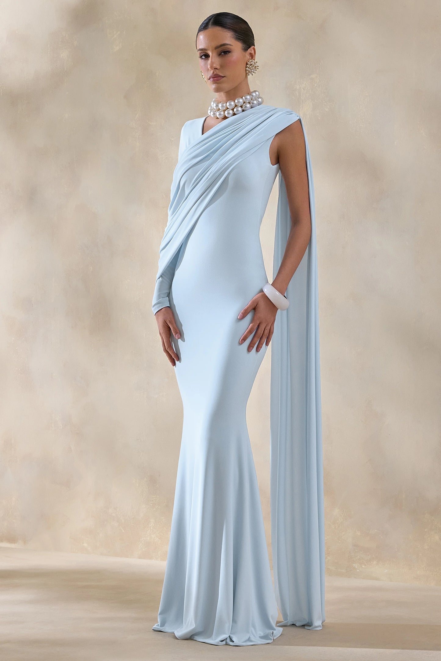 Rubelle Powder Blue Asymmetric-Neck Maxi Dress With Draped-Detailing