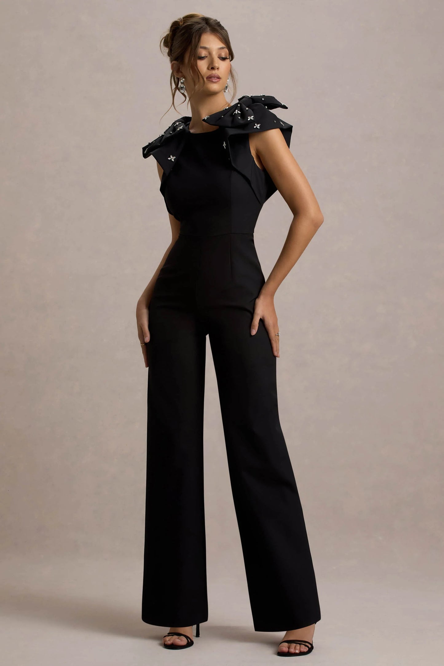 Elma Black Straight-Leg Jumpsuit With Embellished Bows