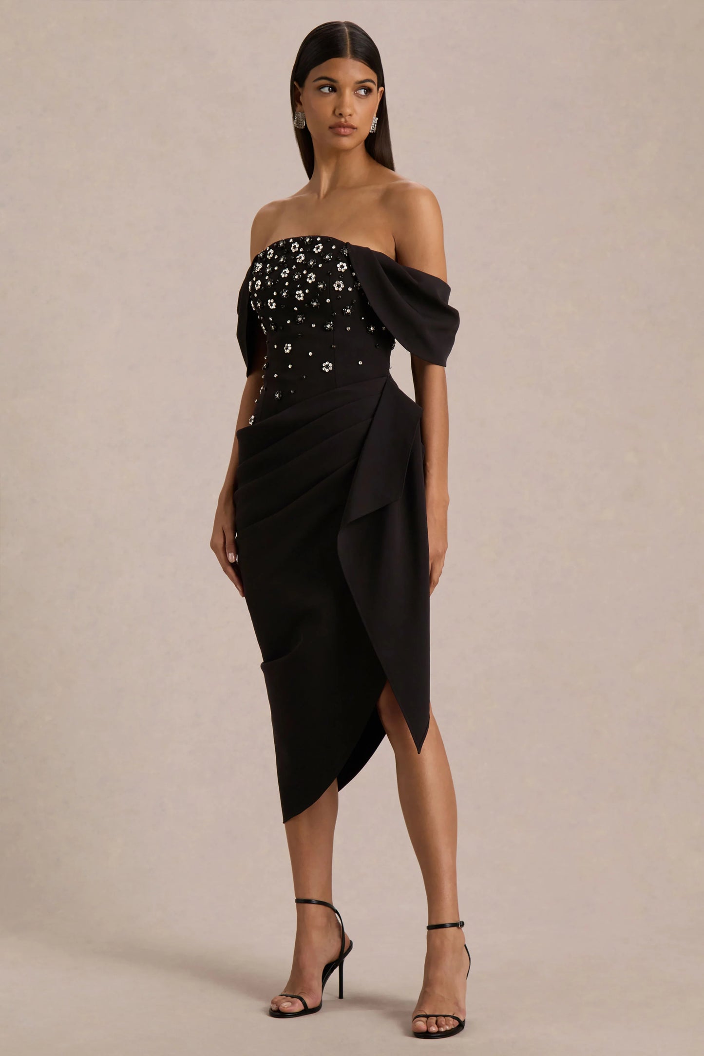 Sylvia Black Hand-Embellished Bardot-Neck Midi Dress With Draped Satin-Wrap Skirt