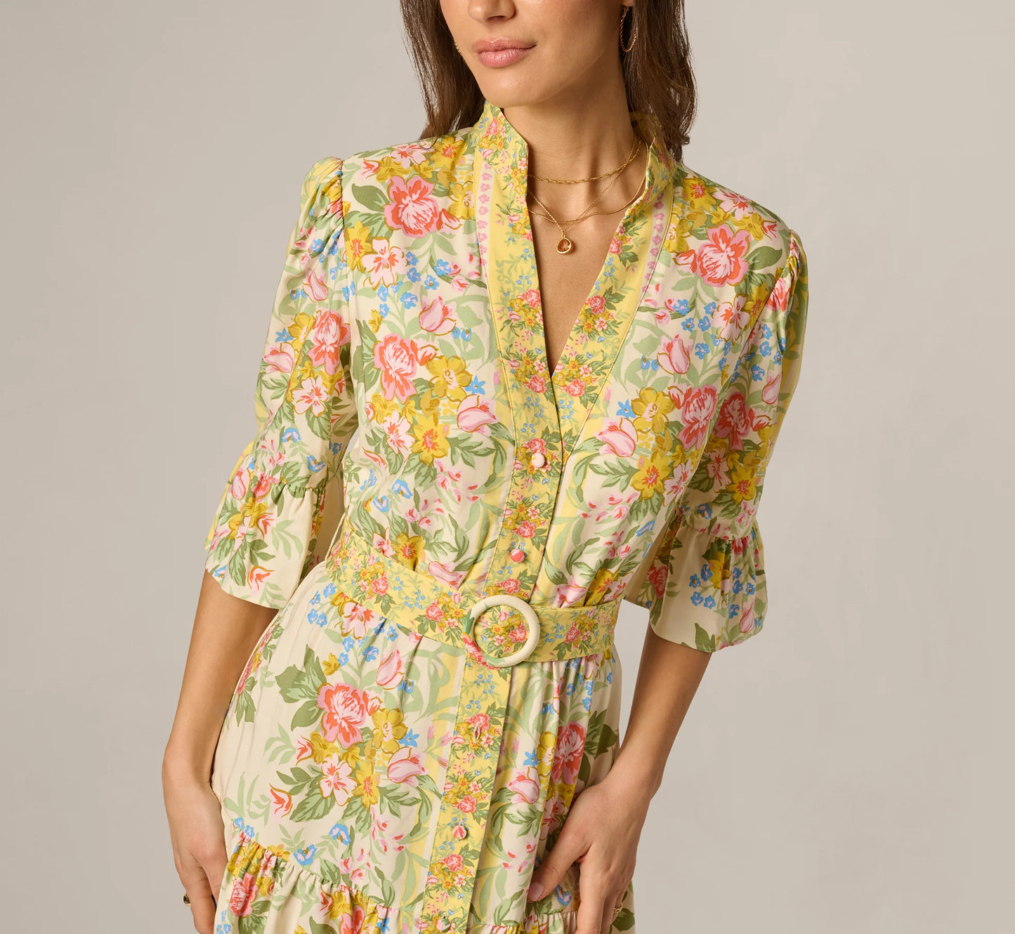 Bell Sleeve Vintage Floral Print Short Dress In Pale Yellow