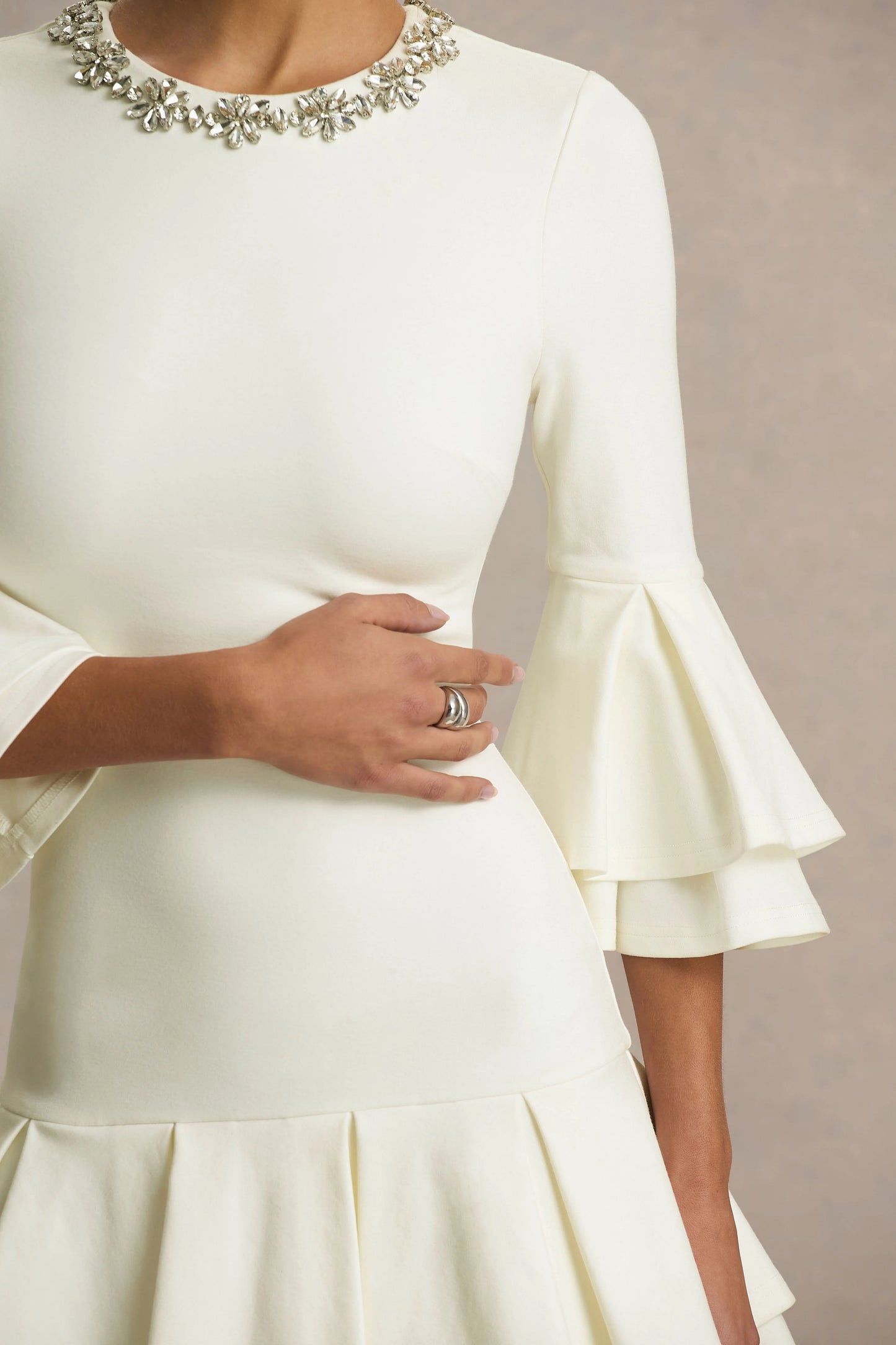 Mirna Cream Crew Neck Mini Dress With Bell Sleeves And Ruffled Detailing