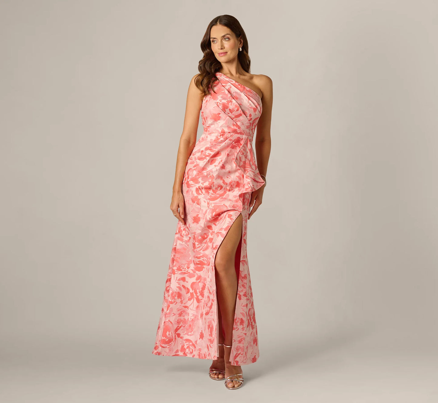 One Shoulder Floral Jacquard Draped Gown In Coral Multi
