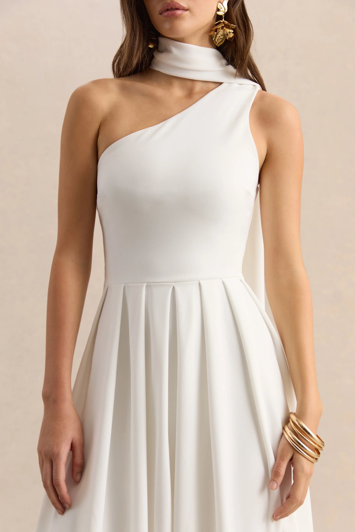 Odette White Asymmetric-Neck Midi Dress With Scarf