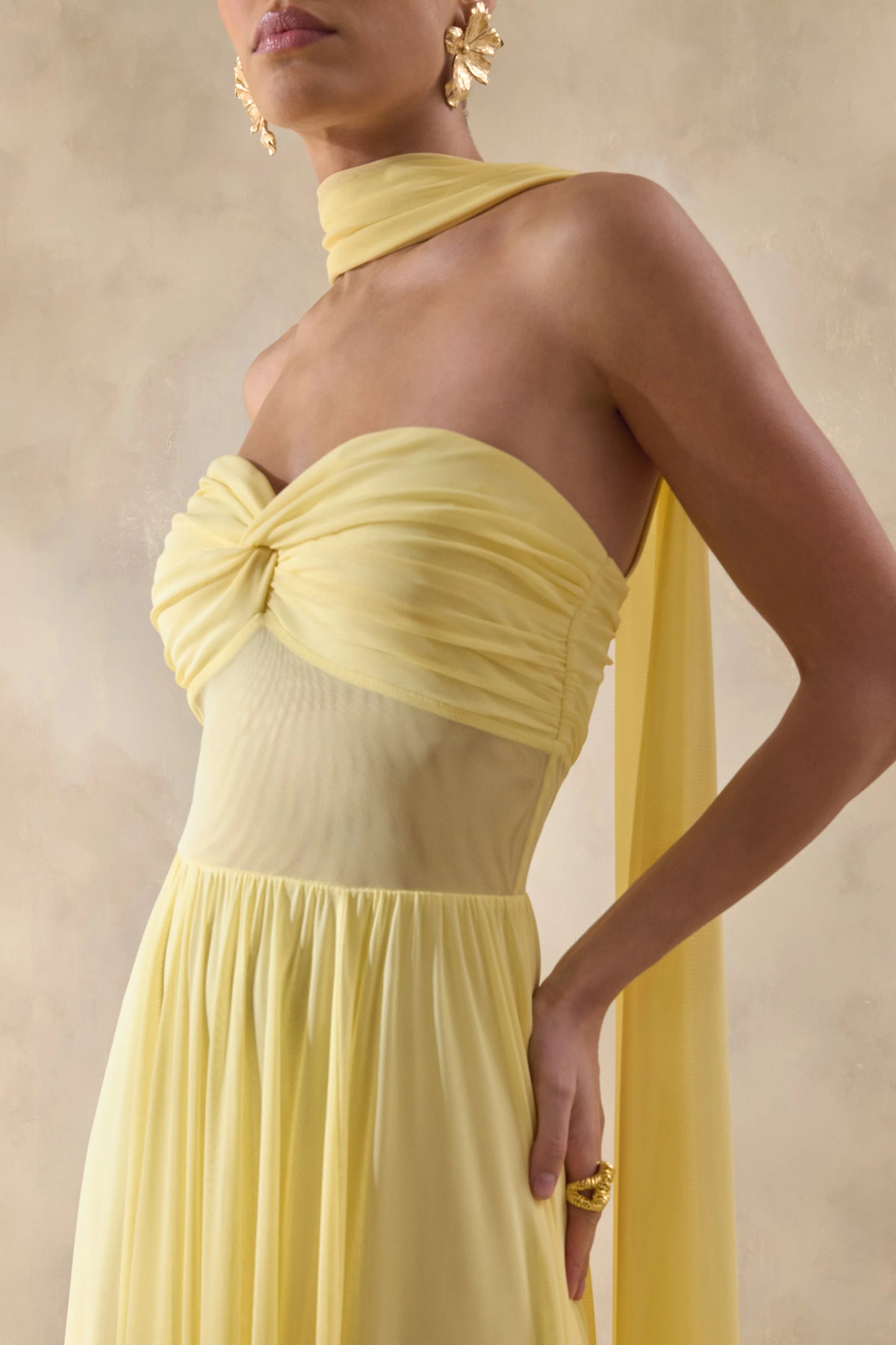Lyvoria Lemon Bandeau Maxi Dress With Mesh-Detail And Scarf
