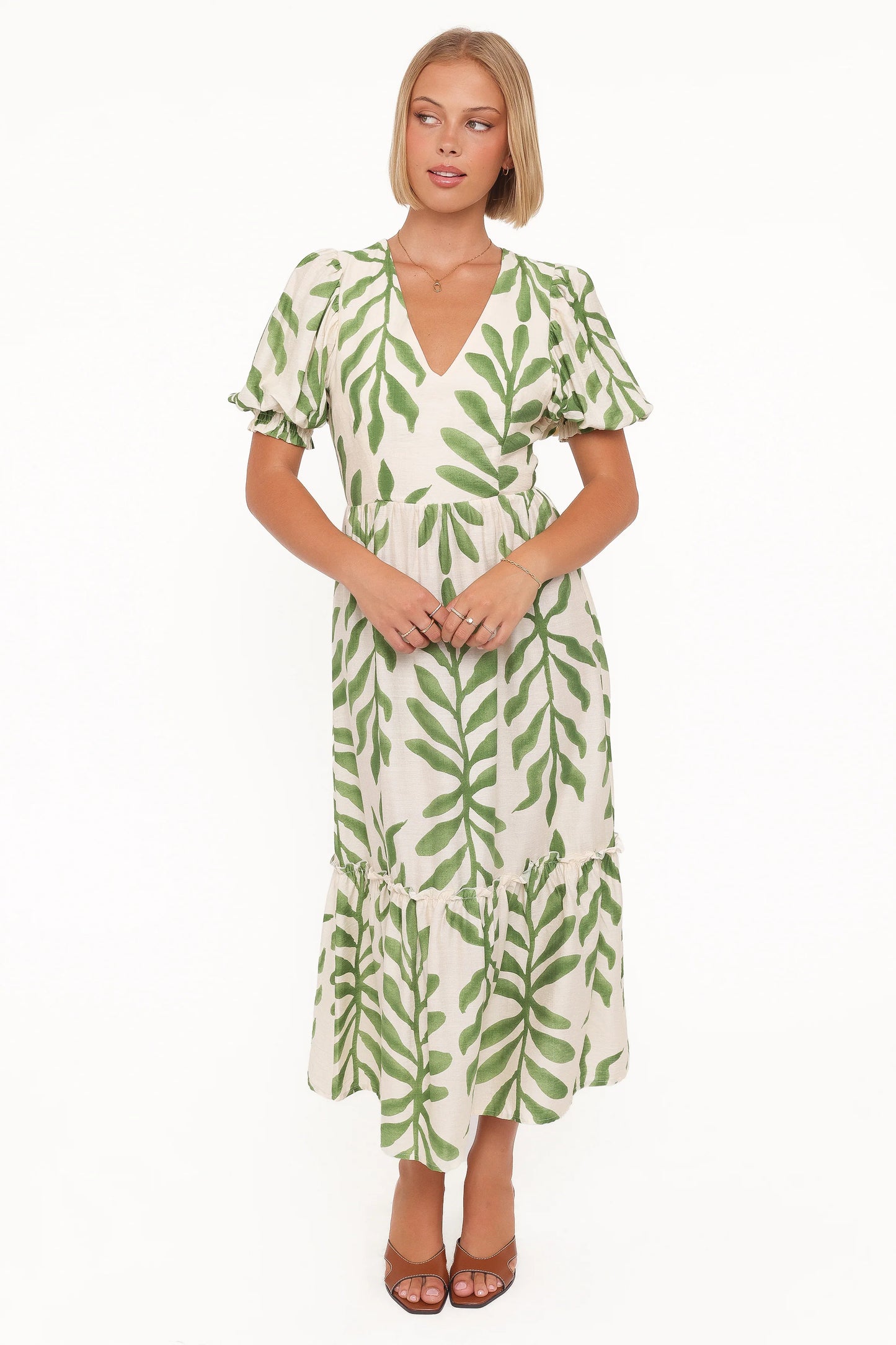 Steele Puff Sleeve Midi Dress - Green Palm