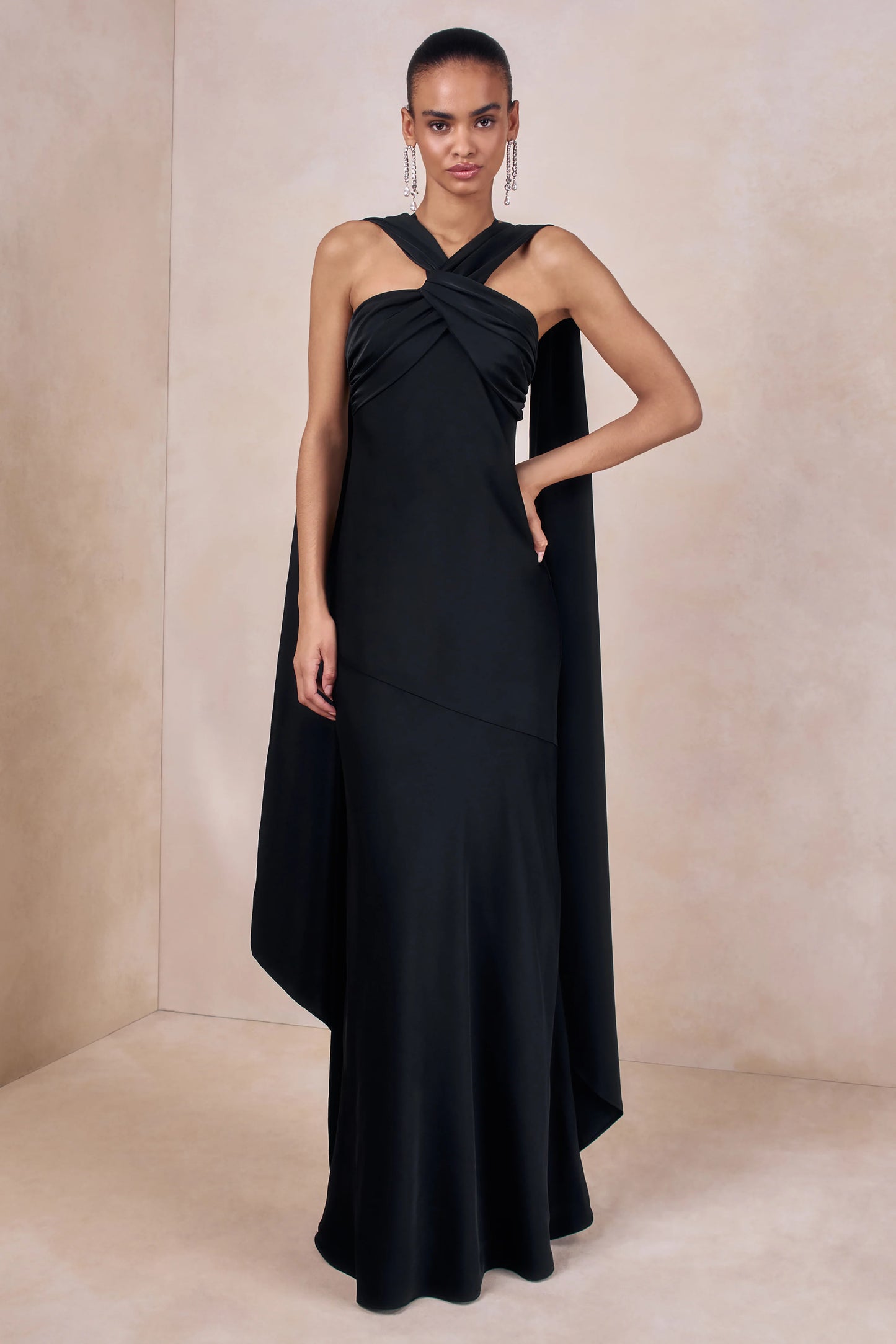 Sloane Black Matte Satin Halter-Neck Maxi Dress With Cape